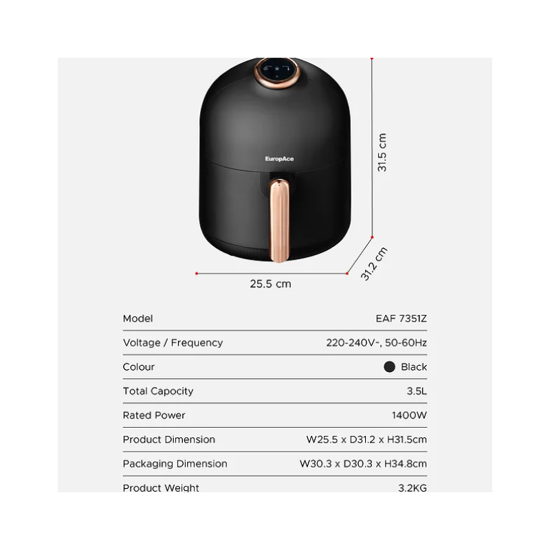 Europace EAF7351ZBK 3.5L Digital Air Fryer with LED Display - Healthy Oil-Free Cooking for French Fries, Chicken Wings & More - Perfect for Small Kitchens & Fast Meals