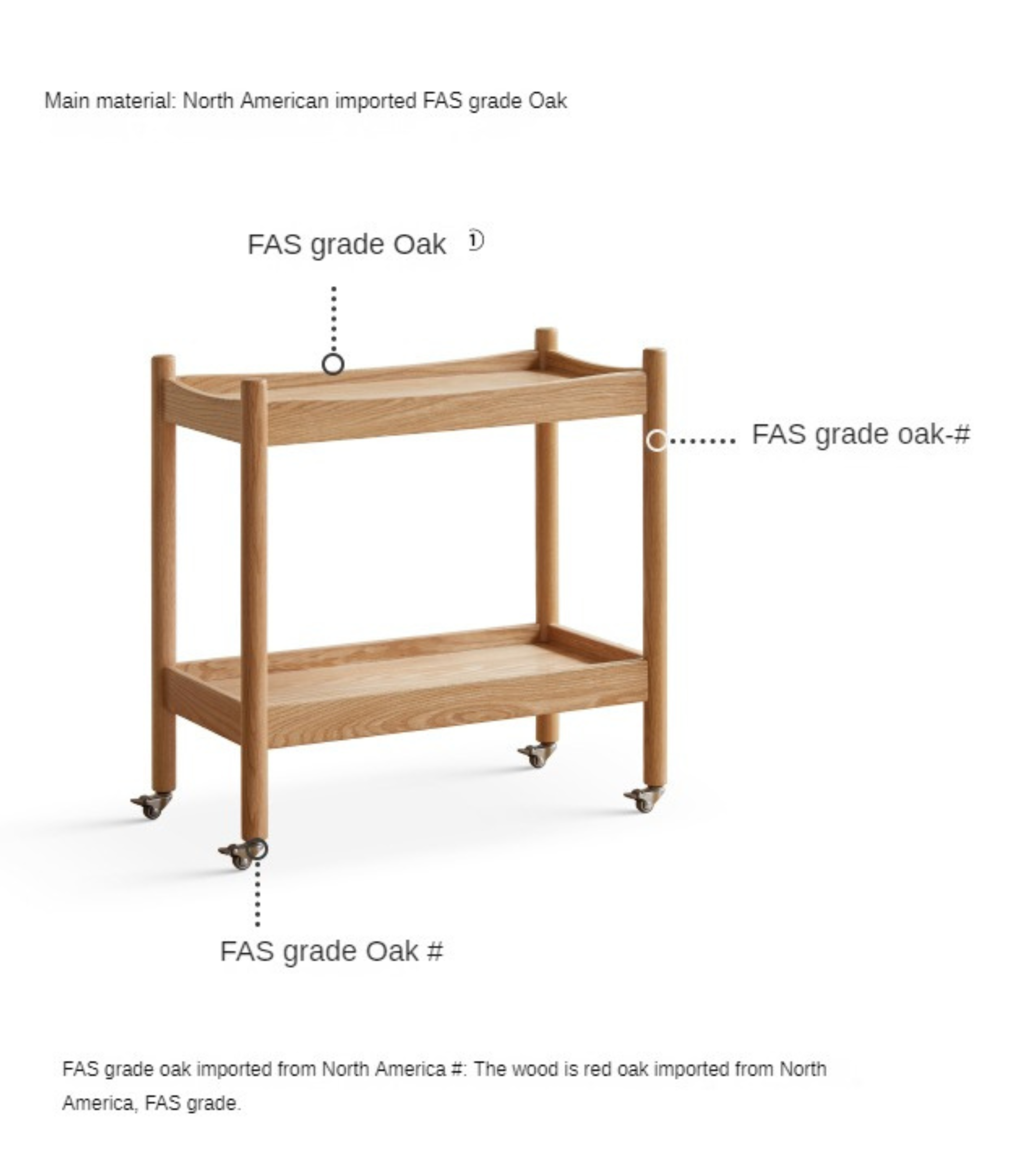 Solid Oak Wood Rolling Cart - Mobile Side Table with Wheels for Living Room, Bedroom, or Office Use