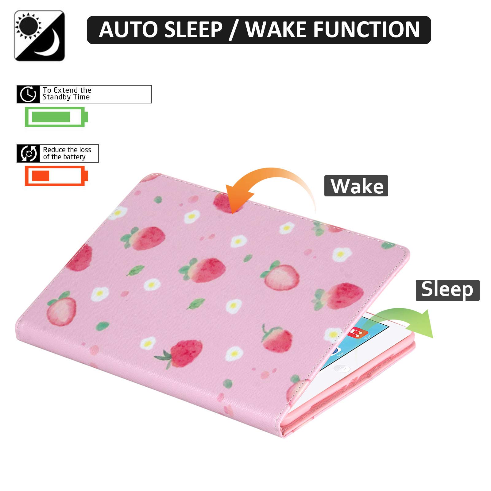 Dteck iPad 9.7 Case (2017/2018) & iPad Air 2/Air Case - Premium PU Leather Smart Cover with Auto Wake/Sleep, Adjustable Stand & Soft Rubber Back - Strawberry Color - Perfect for Work, Travel & Home Use