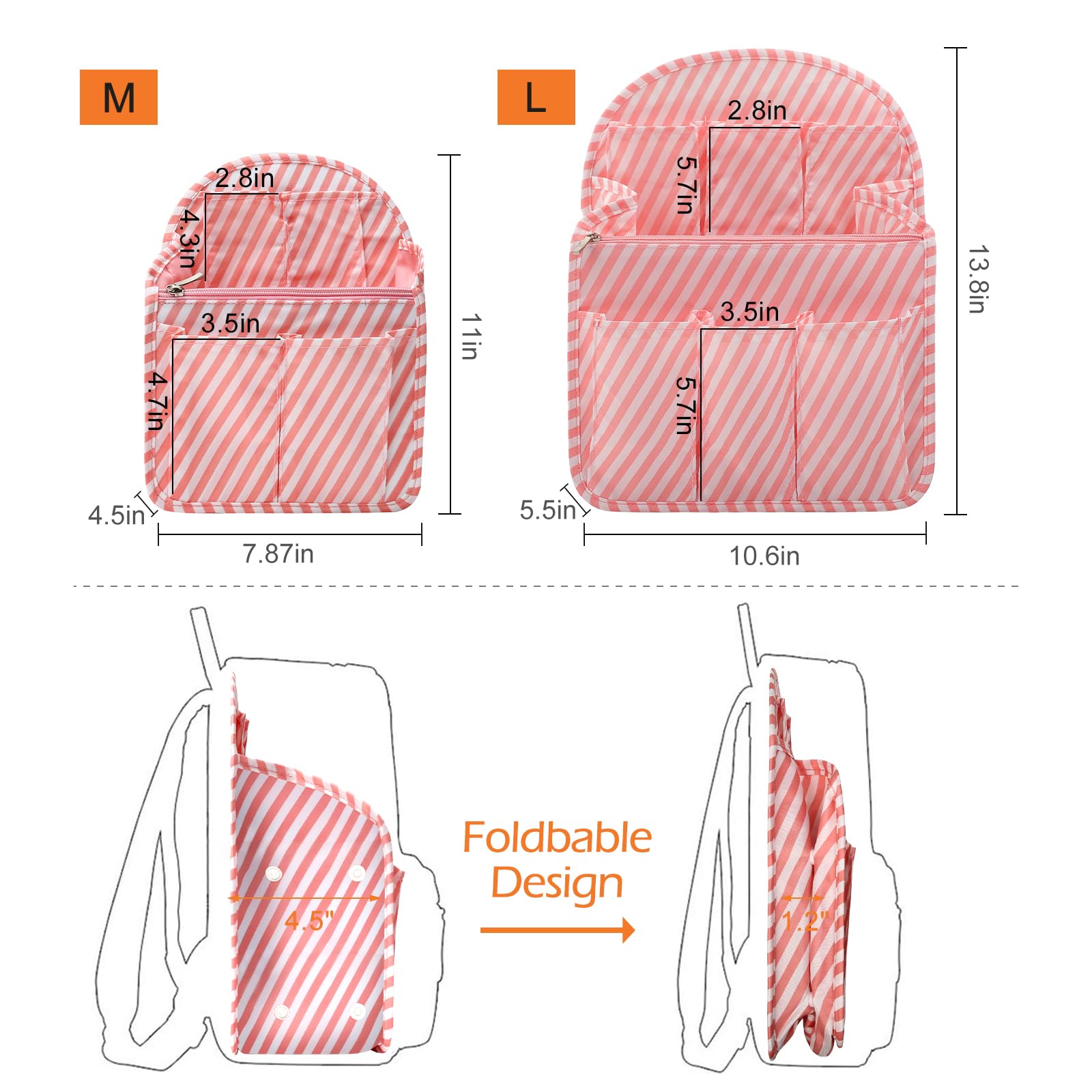 Surblue Travel Backpack Organizer Insert - Foldable Nylon Hanging Organizer for Purses, Handbags & Rucksacks - High Capacity Divider Pockets - Pink Medium Size - Perfect for Business Trips, Commuting & Weekend Getaways