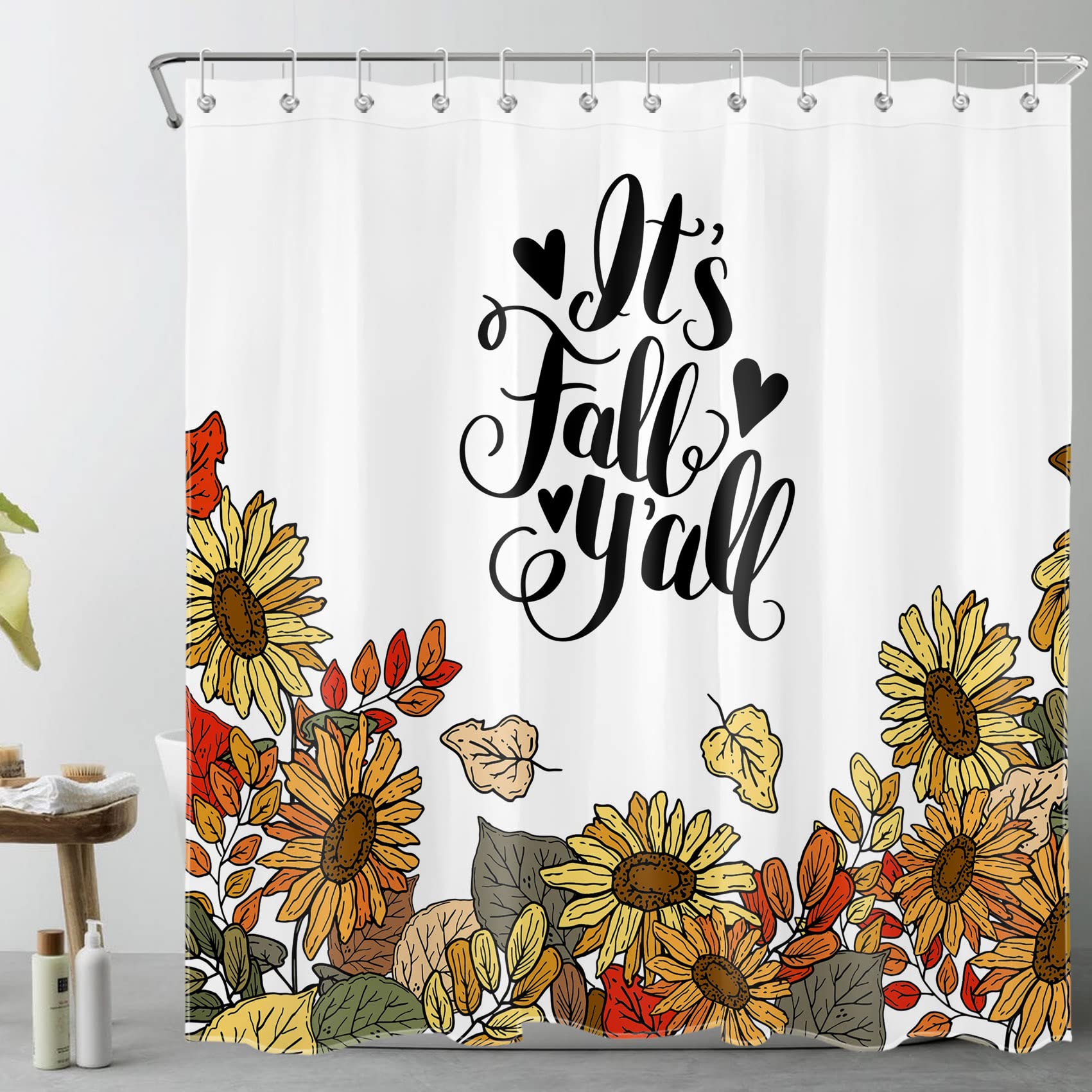 HVEST Autumn Floral Shower Curtain - Yellow Fall Leaves Bathroom Decor with Hooks, 72x78 Inch Polyester Fabric for Fall Harvest Festival | Perfect for Seasonal Bathroom Makeover & Thanksgiving Home Decor