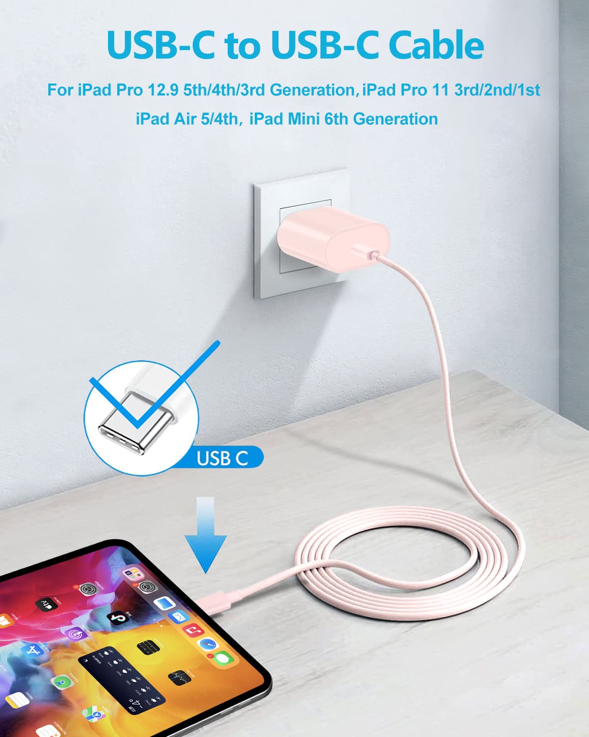 20W USB C Fast Charger Block with 6.6ft Cable - PD Charger Compatible with iPad Pro 13/12.9/11 inch (2024-2021), iPad Air 11/13 inch, iPad Mini 7/6, iPad 10th Gen - Fast Charging for Home, Office & Travel