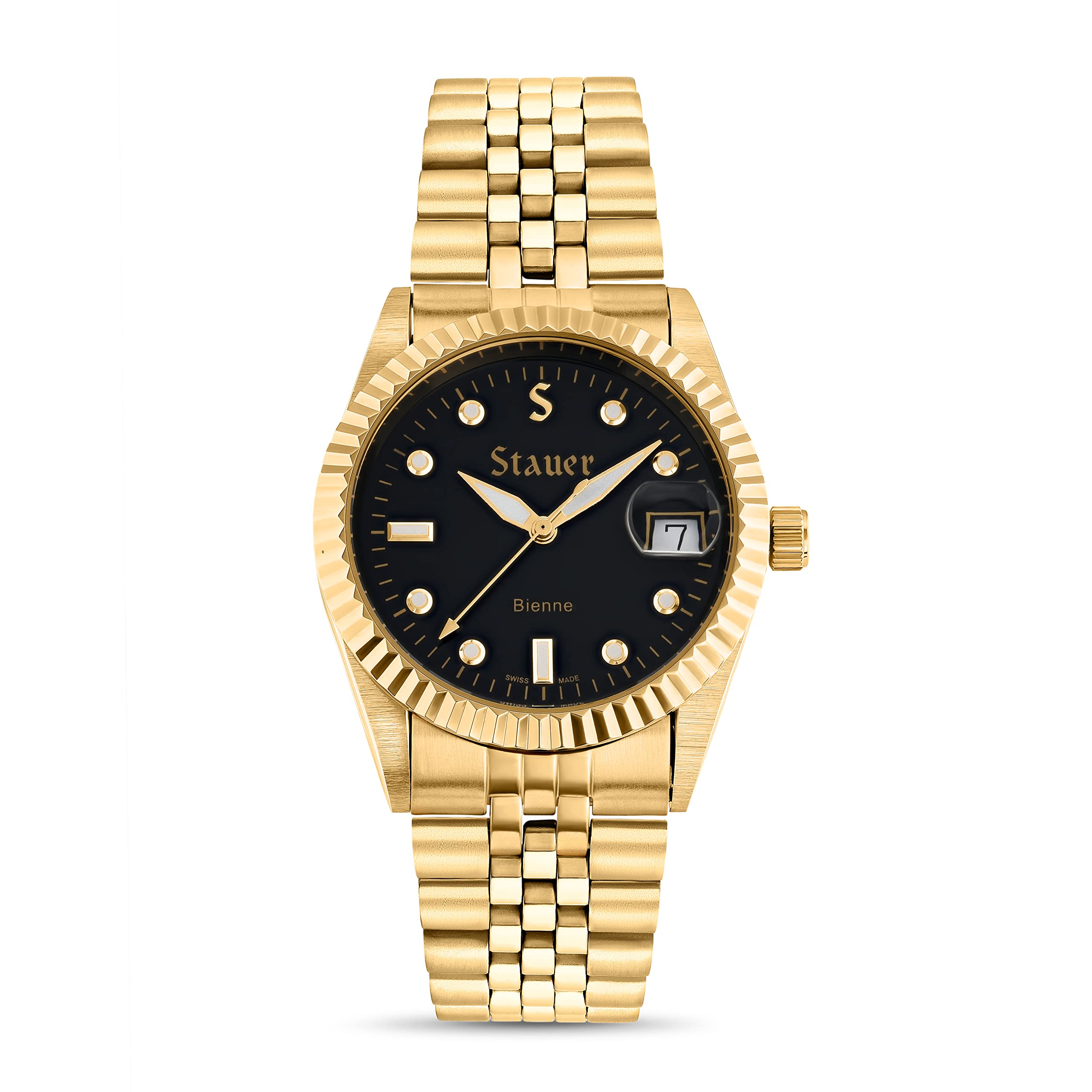 Stauer Noire Bienne Swiss Analog Watch for Men - Gold Stainless Steel Case with Black Dial & Luminous Markers - Luxury Dress Watch for Business, Formal Events & Gifts