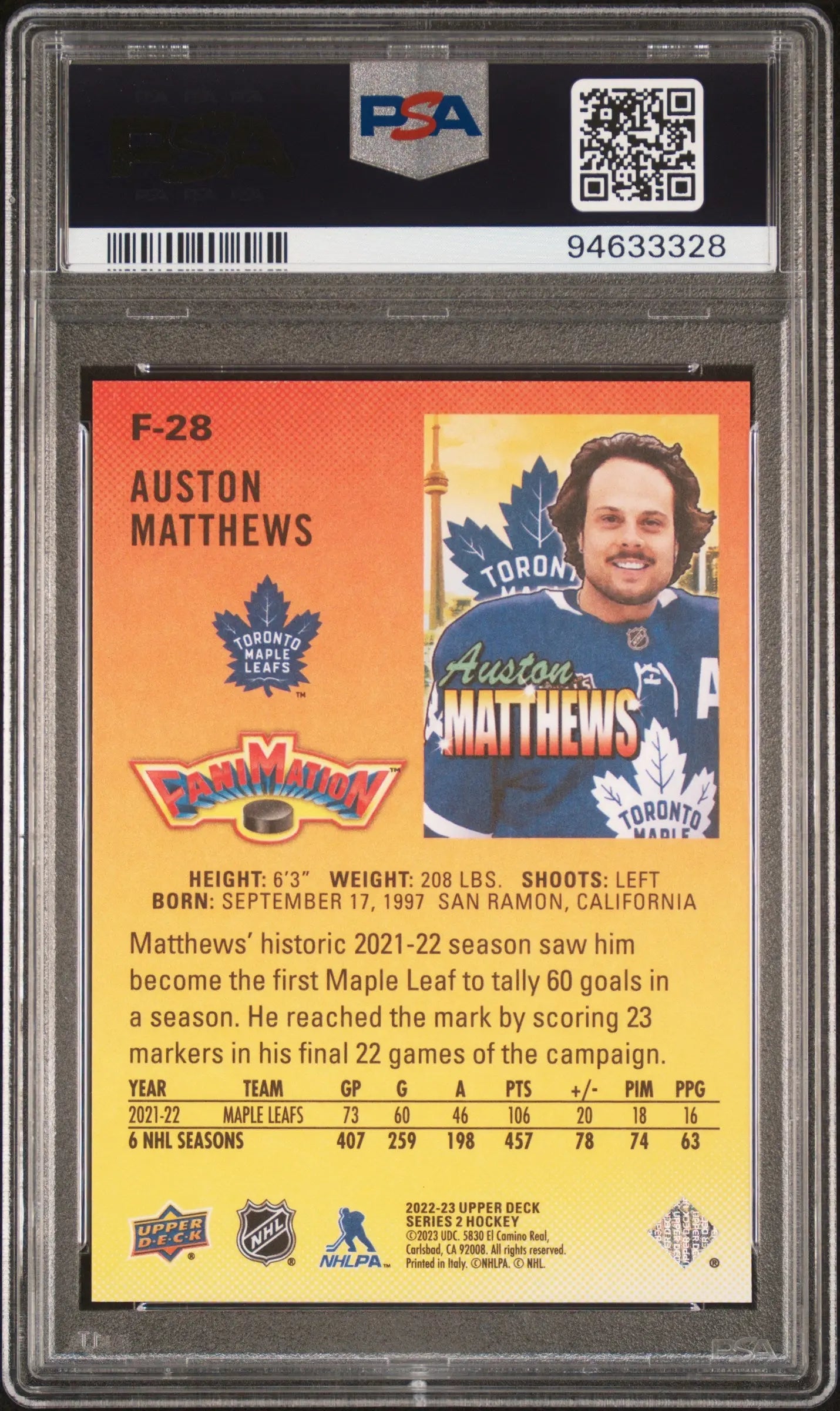 2022 Upper Deck Series 2 Auston Matthews Fanimation PSA 10 Graded Hockey Card - Perfect for Collectors, Sports Memorabilia Display & NHL Fan Gifts
