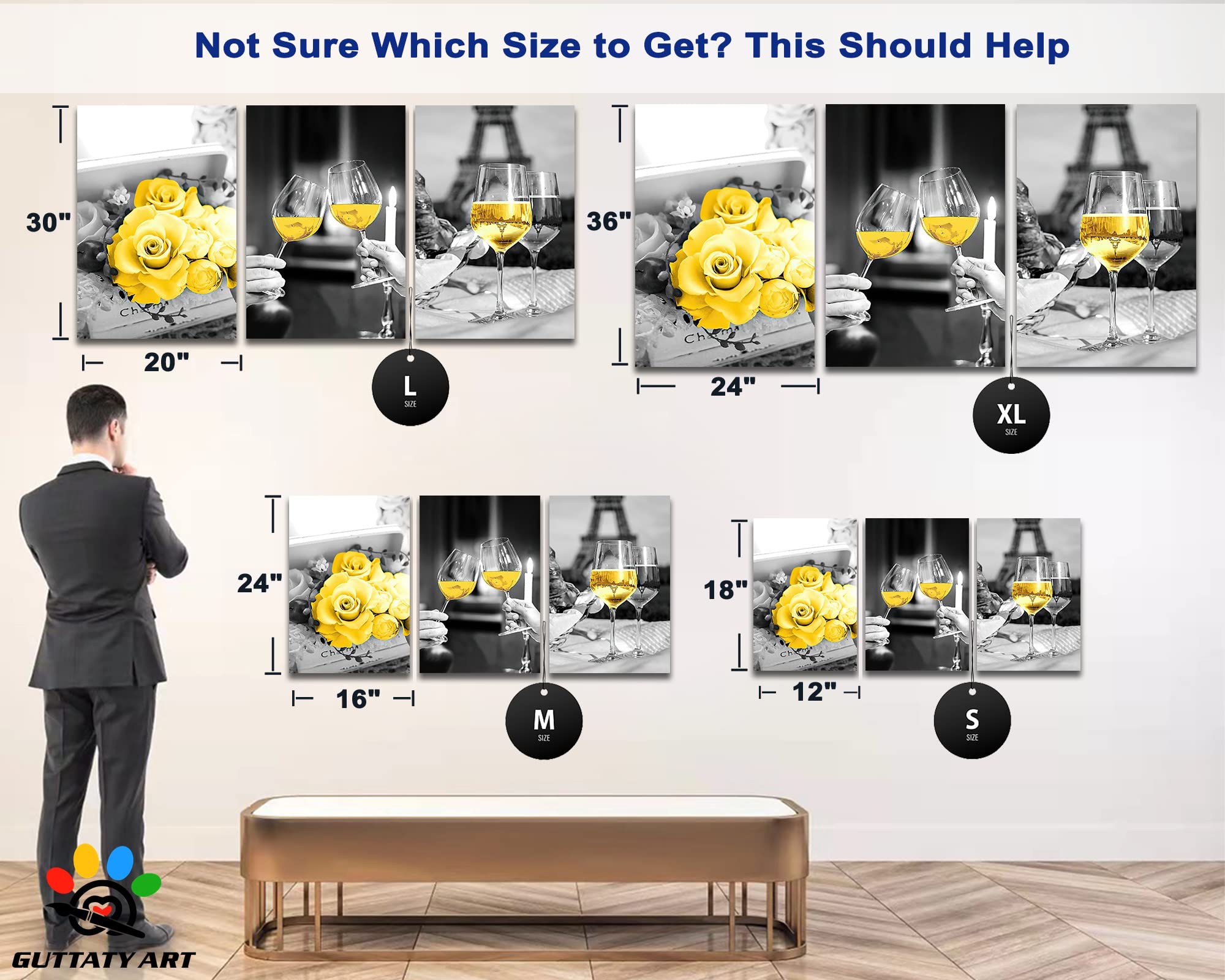 Modern Black and White Dining Room Wall Art Set - 3 Piece 16x24 Inch Canvas Prints with Yellow Rose Wine Glasses Design for Kitchen & Home Decor | Perfect for Dining Areas, Restaurants & Gift Giving