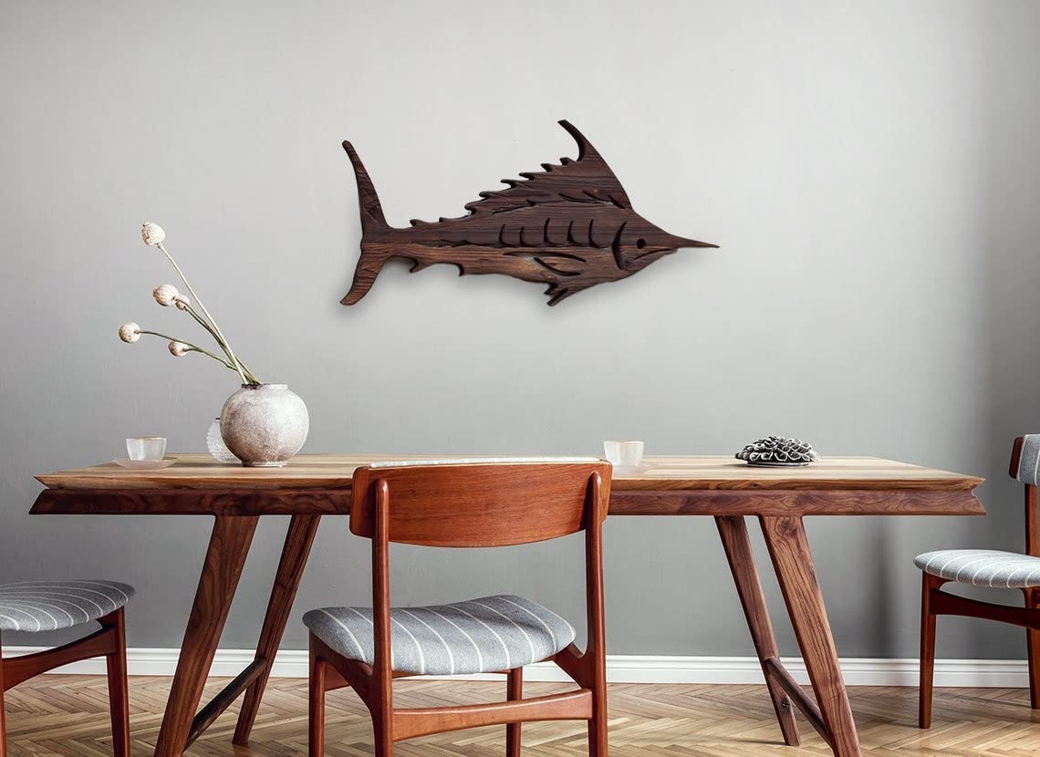 Hand Carved Wooden Marlin Wall Art - Blue Coastal Fish Sculpture Decor for Beach House, Nautical Theme & Ocean Inspired Home Decor