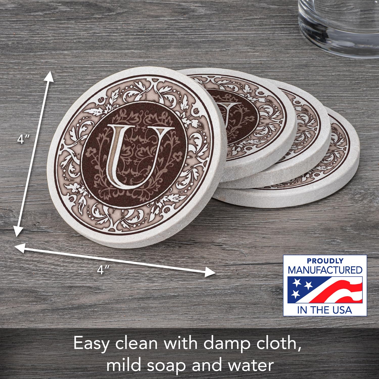 Thirstystone Monogram Letter U Absorbent Sandstone Coaster Set of 4 | Made in USA | Decorative Drink Coasters for Home & Office | Absorbs Condensation, Easy to Clean | Perfect for Coffee, Wine & Beverage Protection