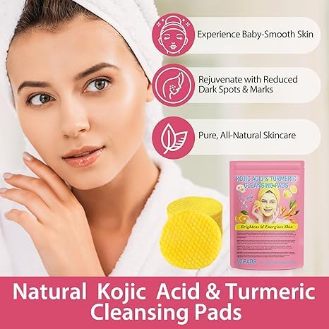 Brightening Kojic Acid & Turmeric Face Cleansing Pads with Lemon & Chamomile - 40 Count for Dark Spots, Acne & Uneven Skin Tone - Perfect for Daily Skincare Routine & Travel