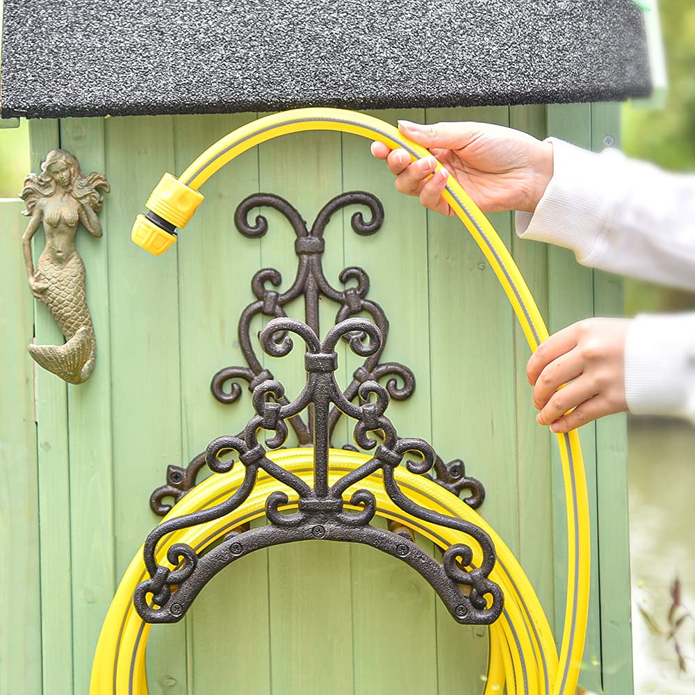 Large Heavy Duty Cast Iron Wall Mount Garden Hose Holder & Reel - Indoor/Outdoor Water Hose Hanger for Yard, Balcony, Garage - Durable Water Pipe Storage Rack for Gardening, Car Washing & Outdoor Cleaning