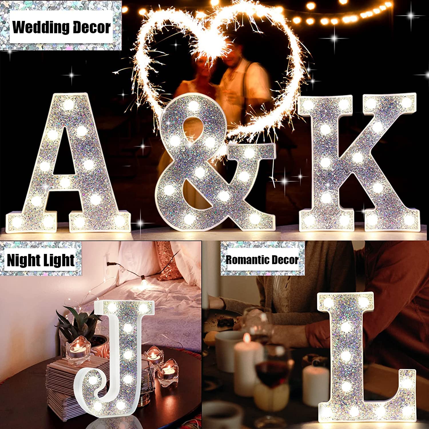 Pooqla LED Marquee Letter E - Silver Glitter Alphabet Light Up Sign, Battery Powered for Night Light, Birthday Party, Wedding, Home Bar & Christmas Decorations - Perfect Gift for Girls & Women