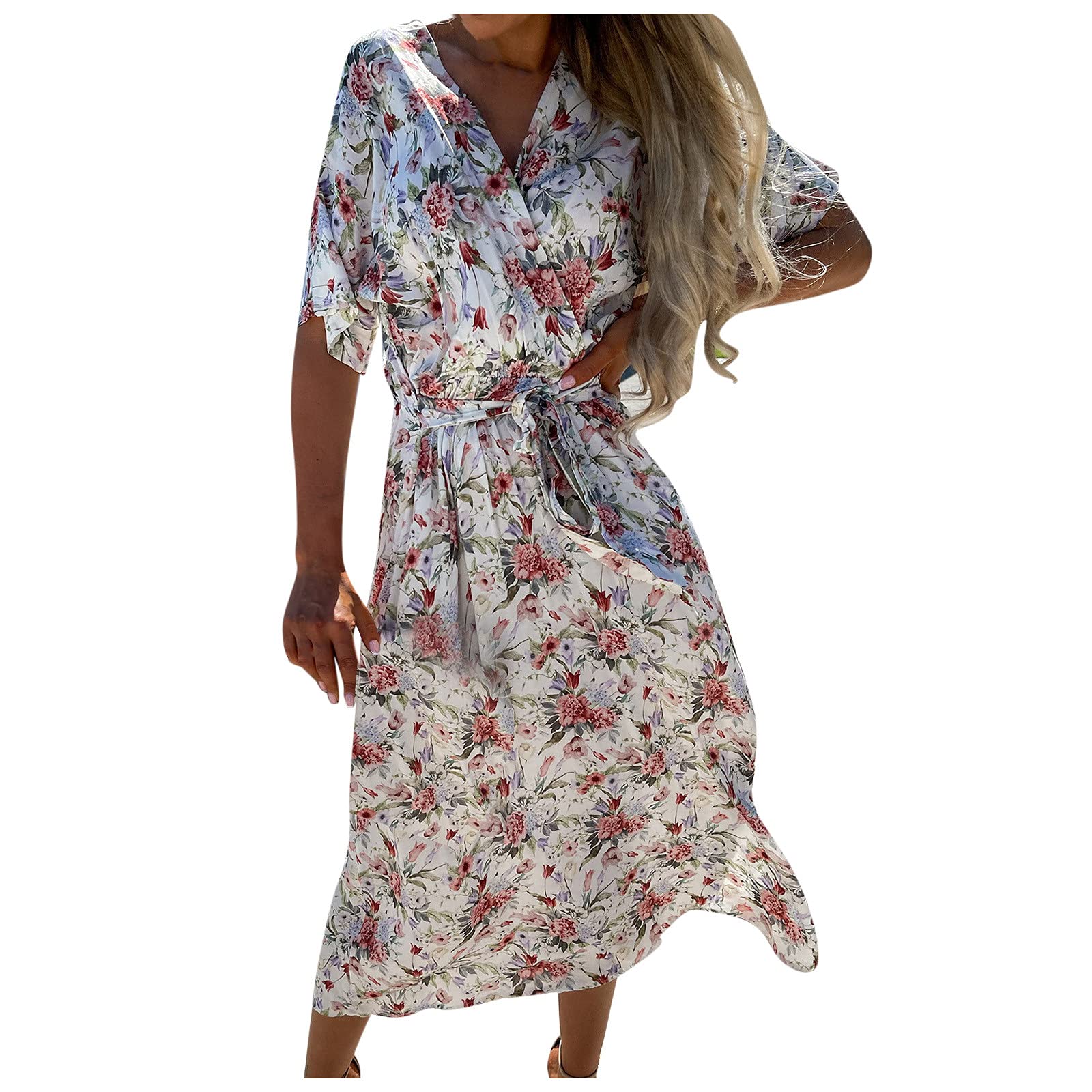 Red Plain V-Neck Midi Dress for Women - Summer Waistband Flowy Maxi Dress with Printed Design | Perfect for Beach Vacations, Date Nights & Casual Outings