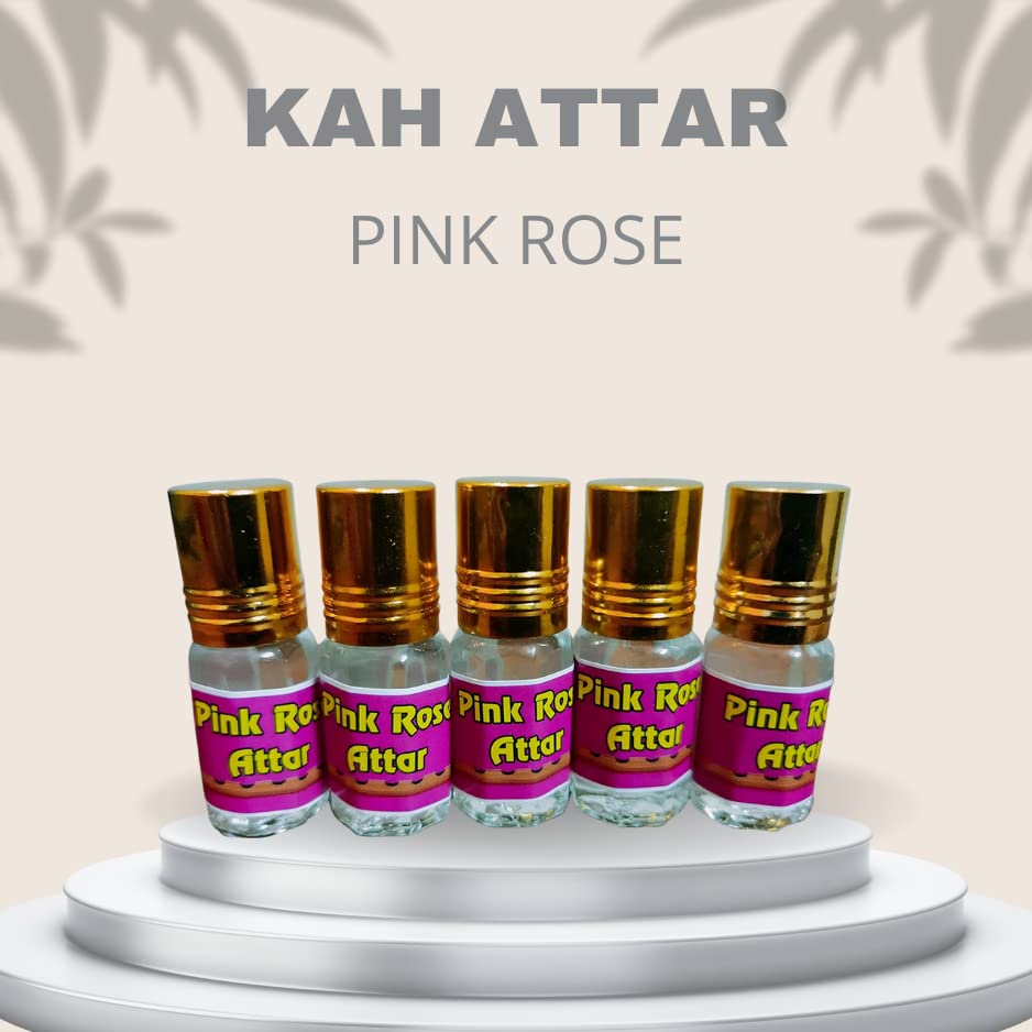 Kah Attar Pink Rose Long Lasting Perfume Oil - 5 Bottles (3ml Each) for Men & Women | Romantic Date, Wedding & Special Occasion Fragrance