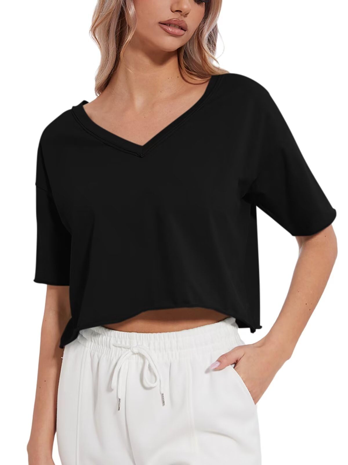 Women's Oversized V-Neck Crop Top - 100% Cotton Short Sleeve Boxy Tee for Workout & Casual Wear | Trendy Spring Summer 2025 T-Shirts for Gym, Yoga, Beach & Everyday Fashion
