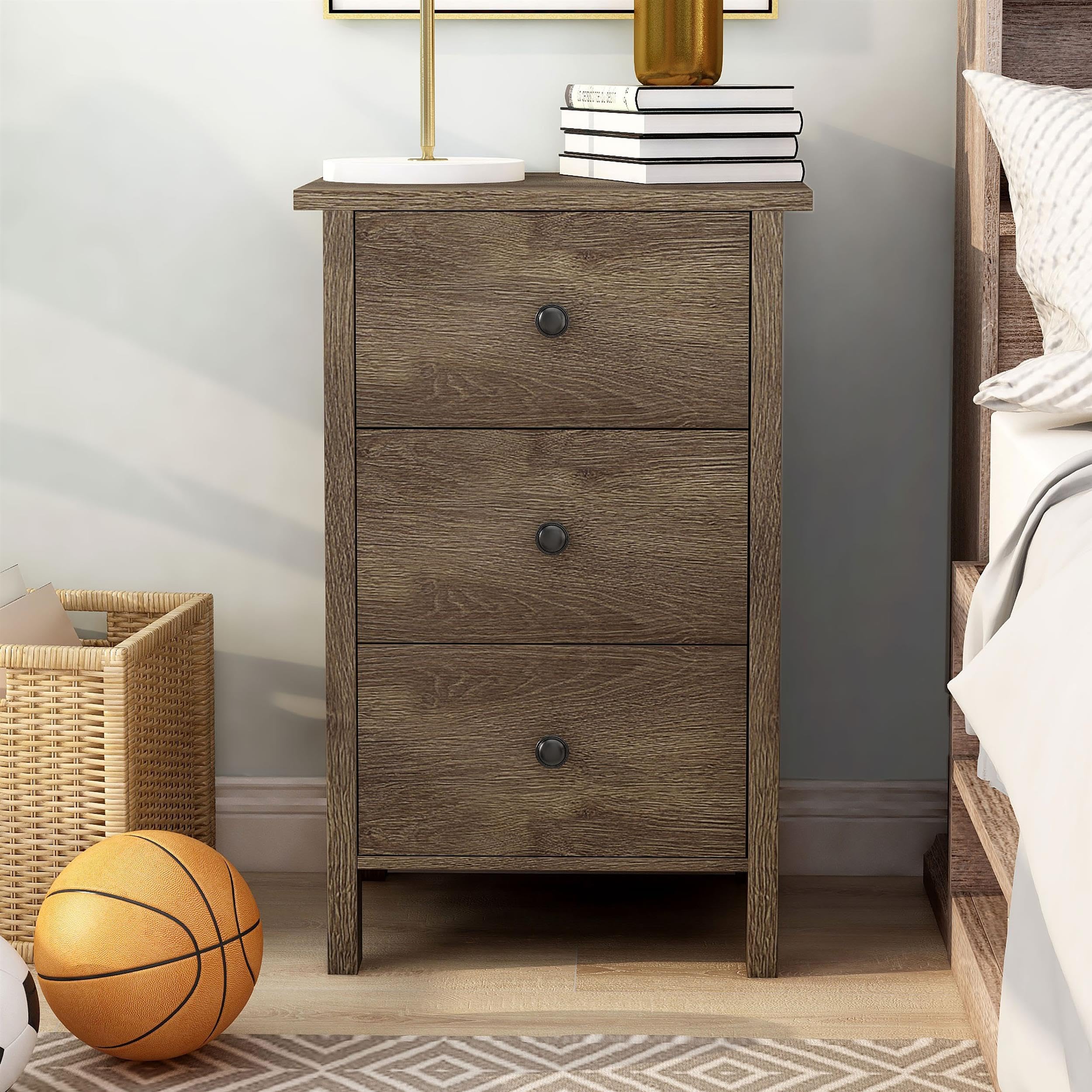Furniture of America Daena Rustic Wood 3-Drawer Nightstand in Distressed Walnut - Vintage Bedside Table for Bedroom, Living Room & Guest Room