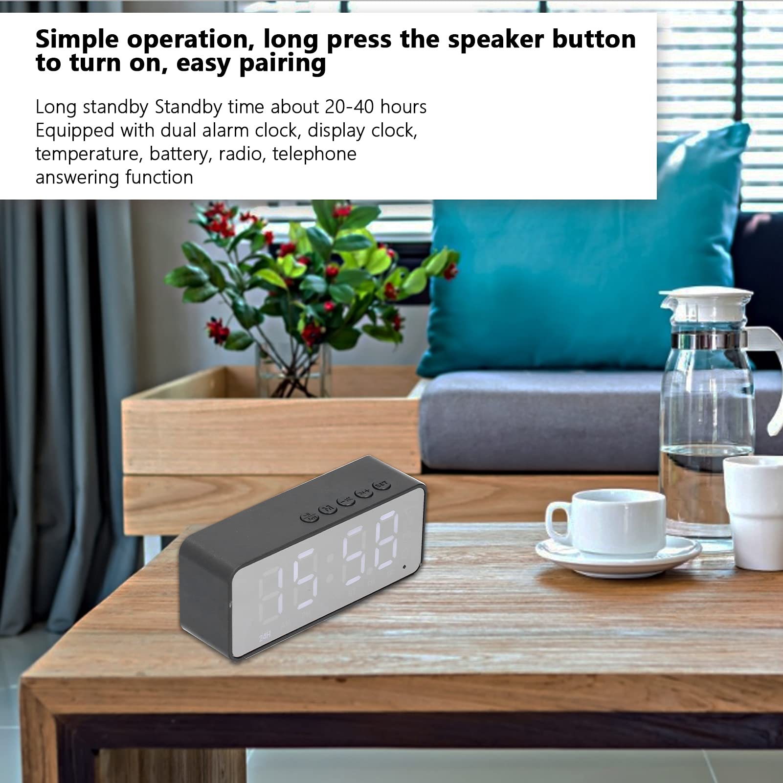 Wireless Bluetooth 5.0 Alarm Clock Radio with LED Mirror Display - FM Radio, Phone Call Support, Bedroom & Office Digital Clock Speaker (Black) | Perfect for Morning Wake-Up, Nightstand Use & Home Office