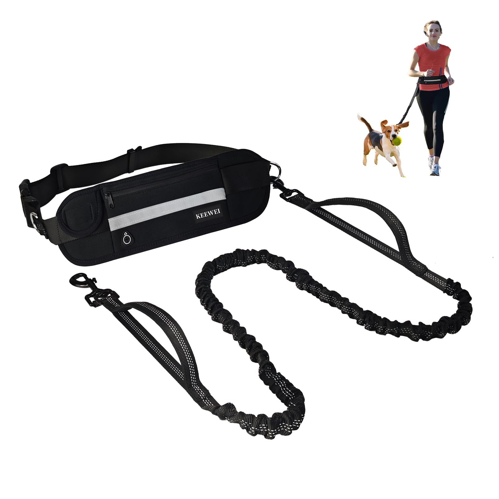 Hands Free Dog Leash with Zipper Pouch - Dual Padded Handle Waist Belt for Small & Medium Dogs | Retractable Bungee Leash with Reflective Stitches | Perfect for Running, Walking, Jogging & Training (Black)