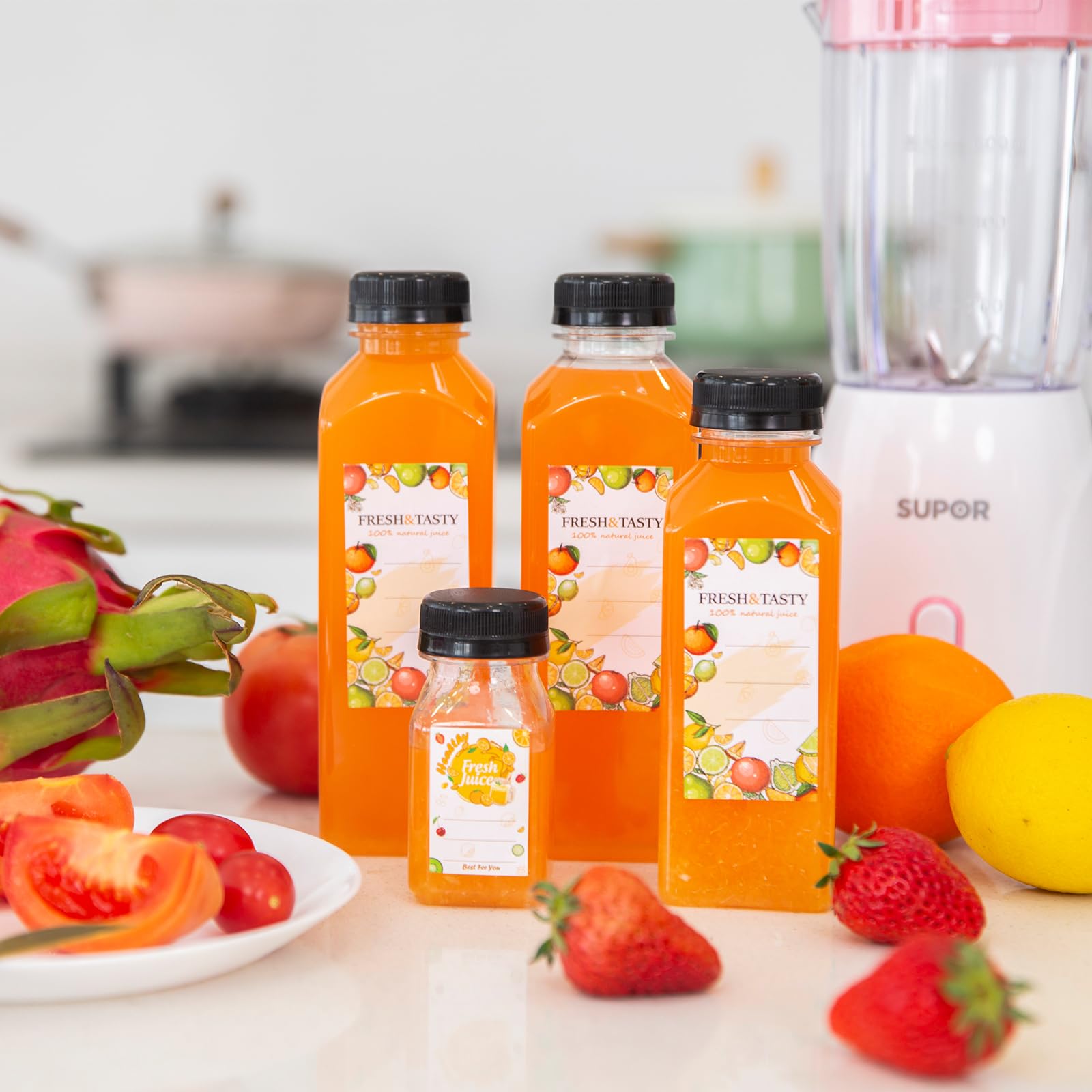 TOMNK 105-Pack 4oz Reusable Juice Bottles with Lids - Small Beverage Containers for Juicing, Milk, Smoothies & Drinks - Includes Labels, Funnel & Brush - Perfect for Meal Prep, Baby Food & Travel Snacks