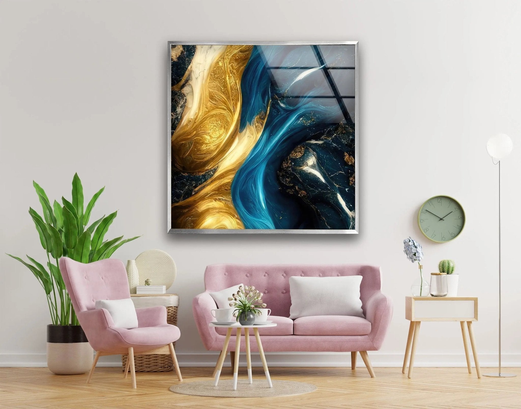 Abstract Marble Blue and Gold Glass Wall Art - Modern Home Decor for Living Room, Bedroom & Office - Elegant Handmade Glass Panel for Wall Display