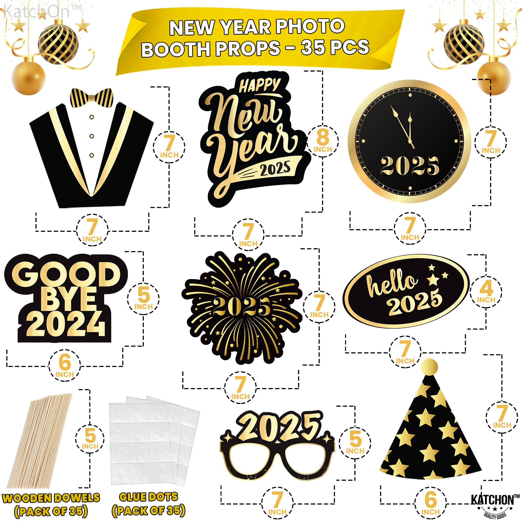 KatchOn 2025 New Year's Eve Photo Booth Props Kit - 35-Piece Set for NYE Party Decorations & Supplies | Fun New Year's Photo Accessories for 2025 Celebrations | Perfect for Countdown Parties, Family Gatherings & Social Media Photos