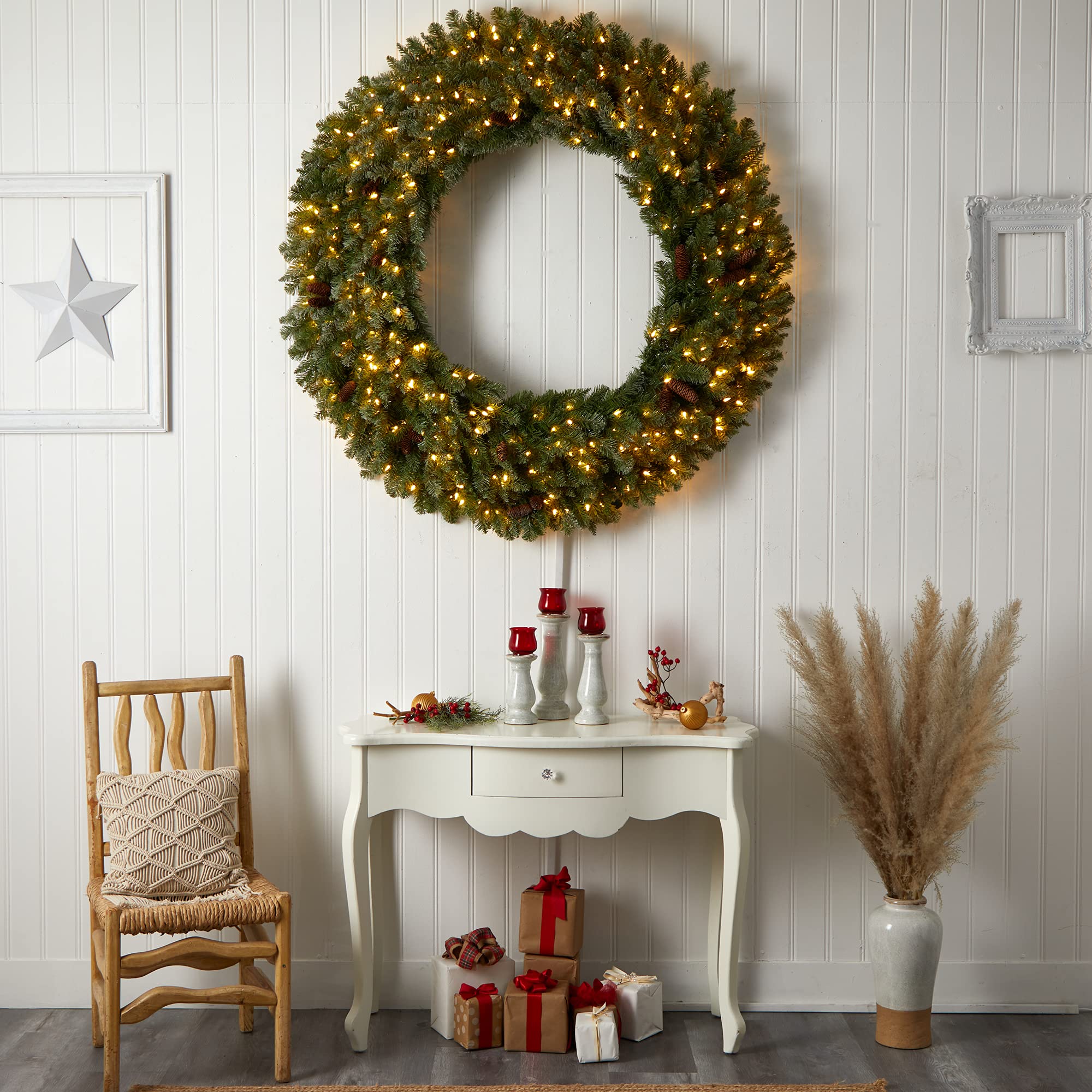 Nearly Natural 5ft Flocked Artificial Christmas Wreath with Pinecones, 300 Clear LED Lights & 680 Bendable Branches – Perfect for Holiday Door Decor, Fireplace Mantel & Festive Home Decoration
