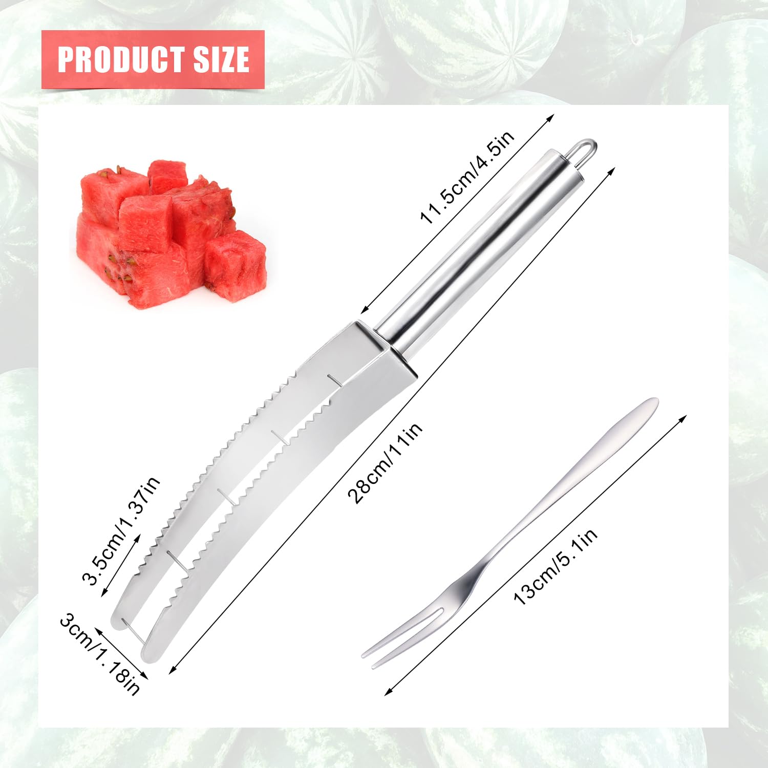 Premium Stainless Steel Watermelon Cutter with 3 Fruit Forks - Quick & Easy Melon Cube Slicer for Kitchen - Perfect for Summer BBQs, Picnics, and Fruit Salad Preparation