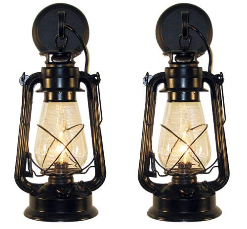 Rustic Wall Sconce Lantern Set of 2 - Farmhouse Wall Light Fixtures with Glass Globe, Hardwired Electric Lantern for Indoor/Outdoor Use - Black Finish - Perfect for Porch, Patio, Entryway & Bedroom Lighting