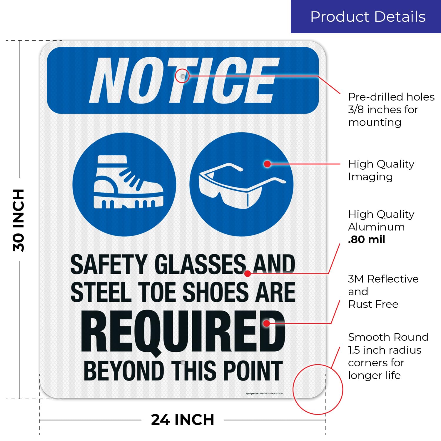OSHA Safety Sign - 'Safety Glasses & Steel Toe Shoes Required Beyond This Point' - 24x30 Inches, 3M EGP Reflective .080 Aluminum, Fade Resistant for Indoor/Outdoor Use - Made in USA - Perfect for Construction Sites, Warehouses & Industrial Areas