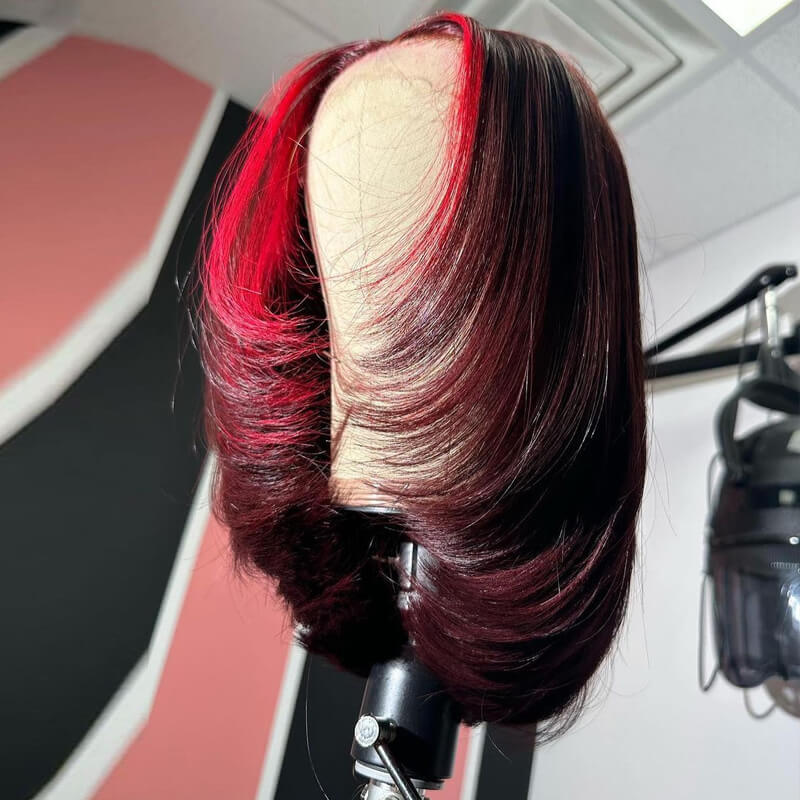 Eullair Wine Red Highlight Straight Skunk Stripe Human Hair Bob Wig - Short Layered Cut, Pre Plucked, Glueless, for Women | Perfect for Cosplay, Parties, and Daily Wear