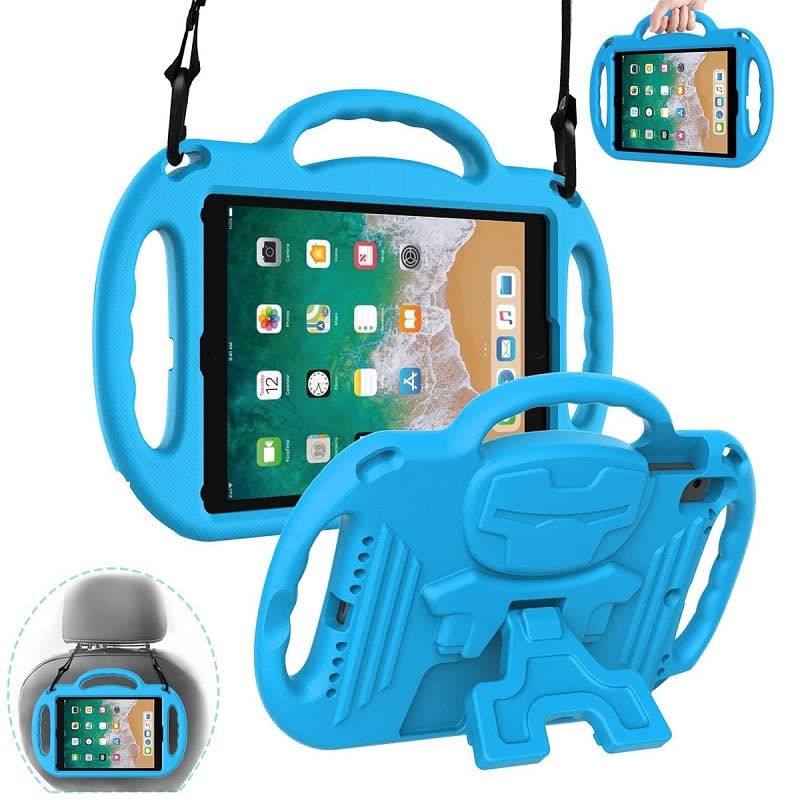eTopxizu Shockproof Kids iPad Case for iPad 6th/5th Gen (9.7 inch 2018/2017), iPad Air 2 & 1 - Durable Handle with Kickstand & Adjustable Shoulder Strap - Blue | Perfect for School, Travel & Home Learning