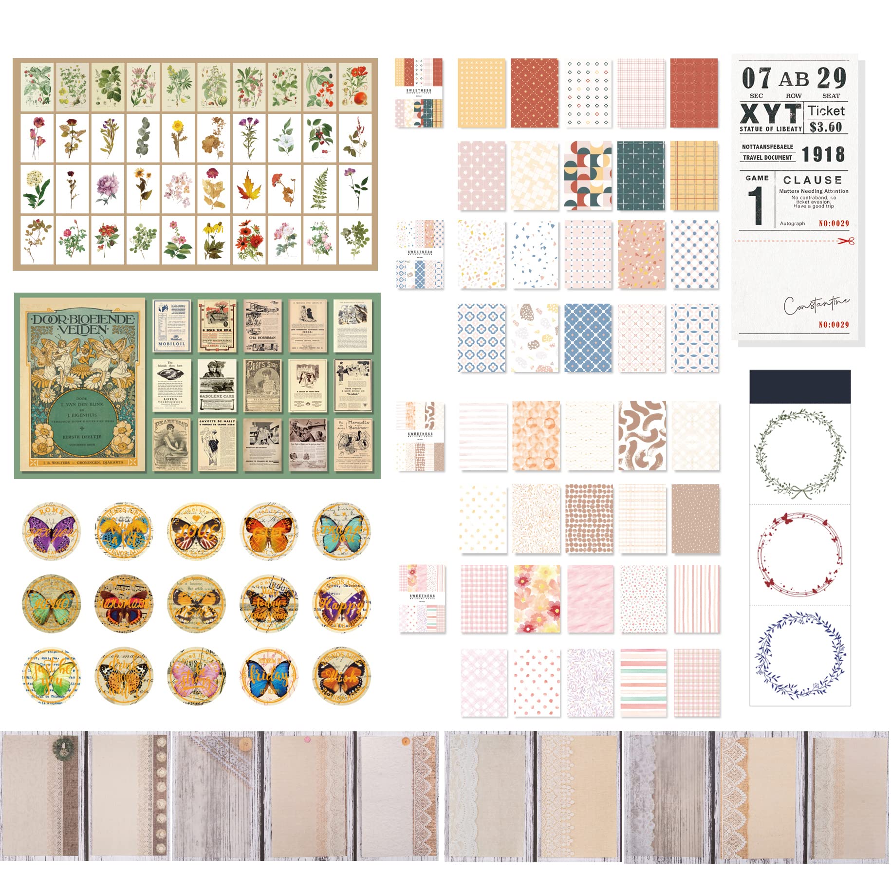 Vintage Scrapbooking Supplies Kit - 11 Pack | Junk Journal Supplies | Decoupage Paper | Bronzing Butterfly Stickers | Vintage Journaling Supplies Aesthetic | Assorted Paper | Perfect for DIY Scrapbooks, Bullet Journals, and Handmade Cards