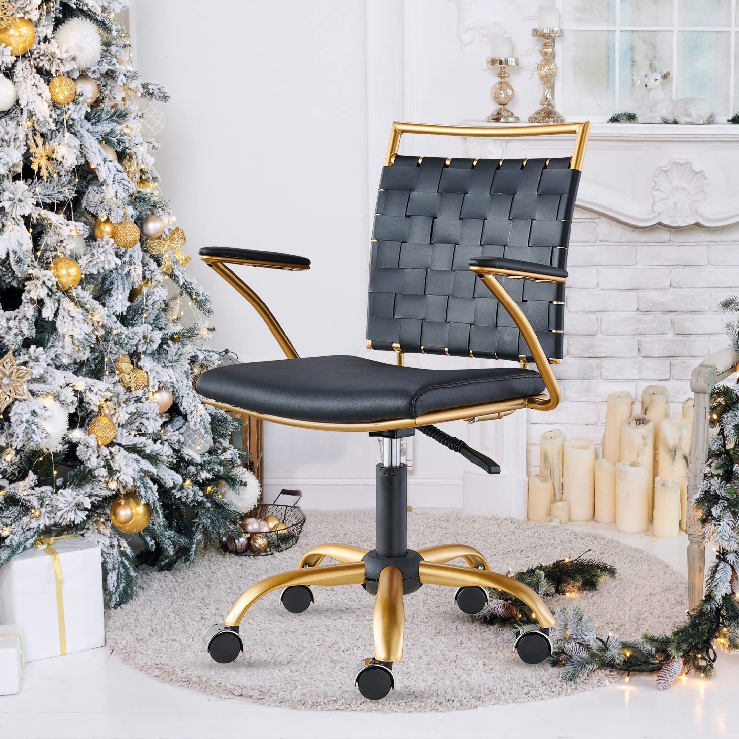 Premium Modern Leather Office Chair - Gold & Black Mid Back Swivel Task Chair with Wheels & Arms - Ergonomic Computer Desk Chair for Home & Conference Room - Comfortable for Long Work Hours (Black)