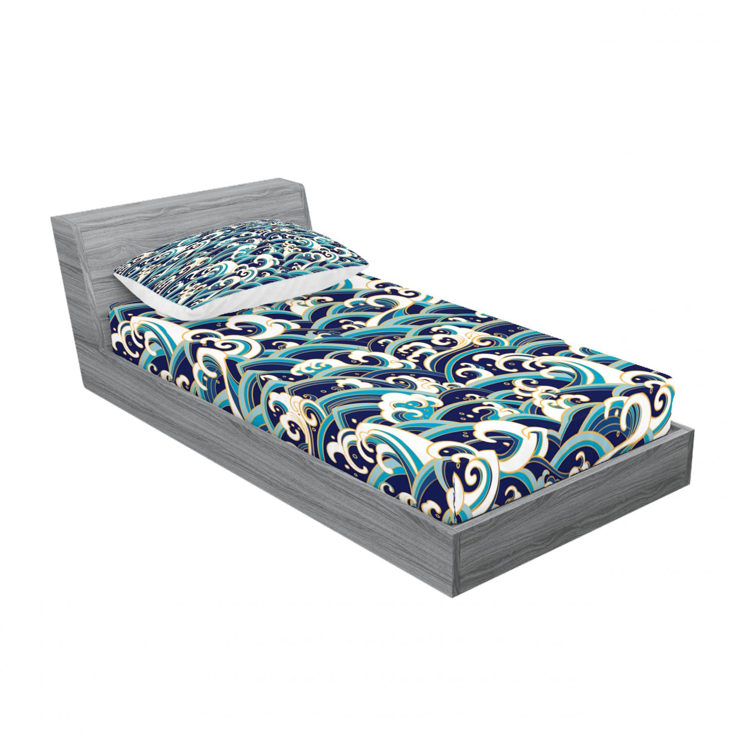 Ambesonne Nautical 2-Pack Twin Fitted Sheet & Pillow Sham Set - Ocean Waves Design, Blue and White 4-Piece Bedding Set for Kids & Teens - Perfect for Beach House, Dorm Room, or Coastal-Themed Bedroom Decor