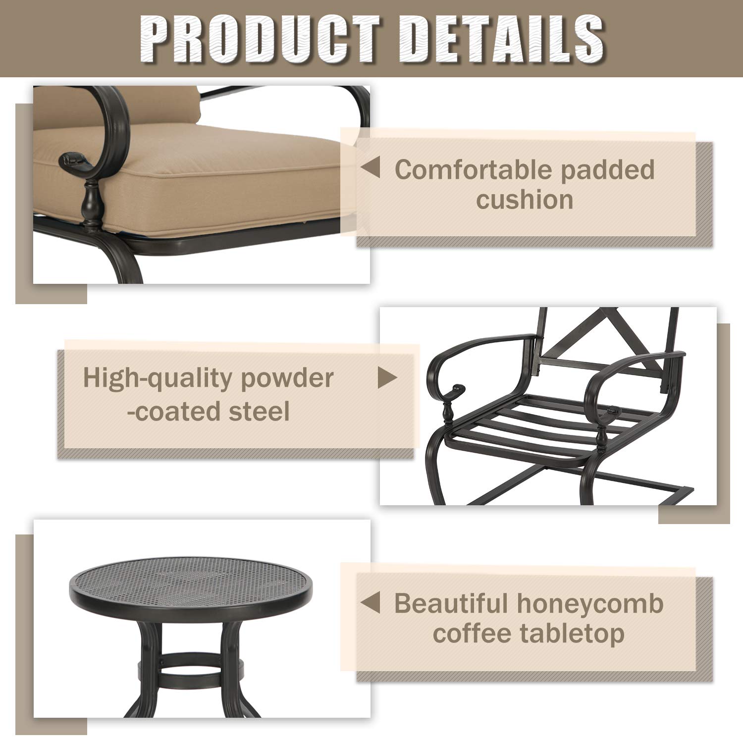 3 Piece Outdoor Bistro Set - Spring Metal Lounge Chairs & Round Table - Wrought Iron Patio Furniture in Brown - Perfect for Garden, Balcony, and Backyard Relaxation