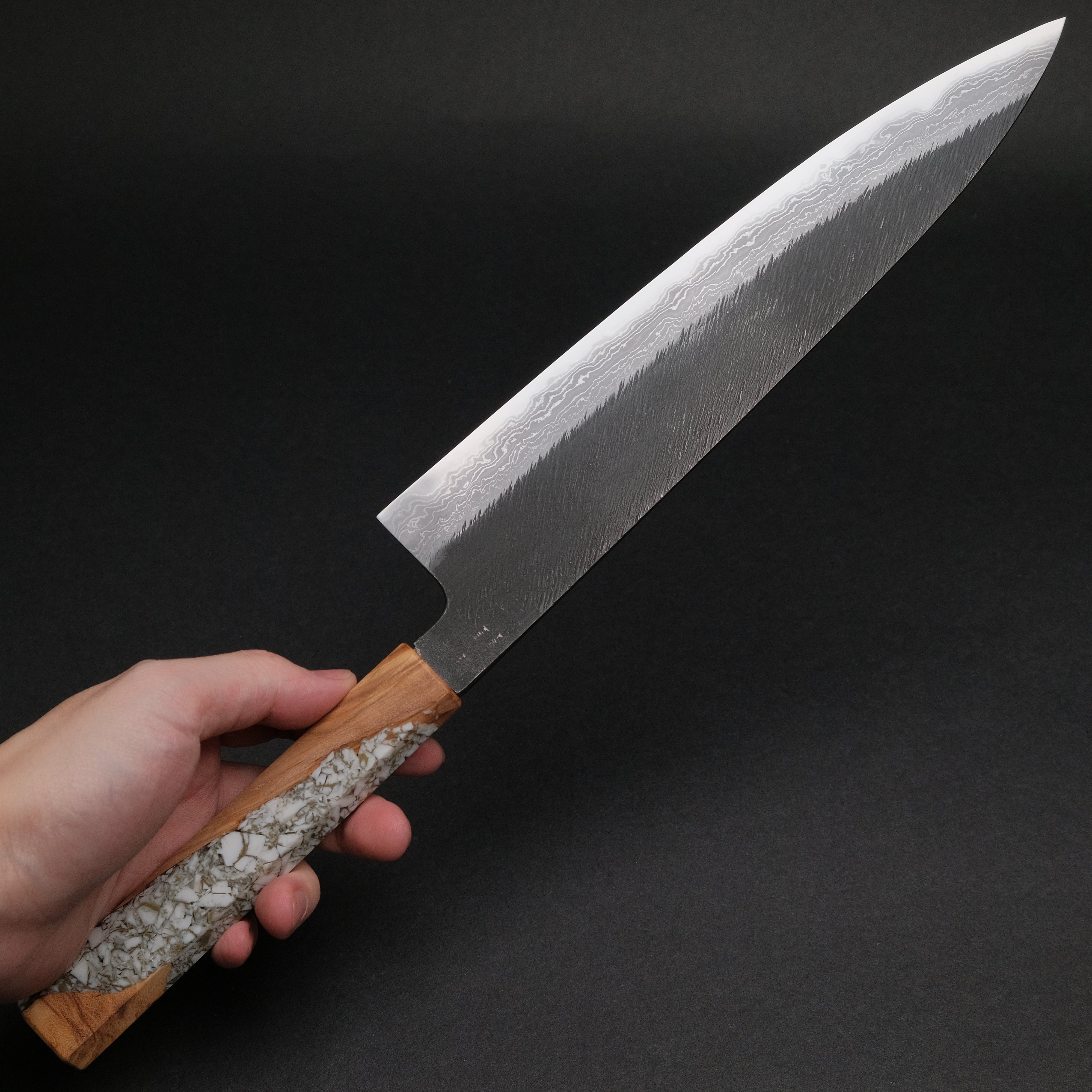 Ajikataya White #2 Matsuba Damascus Gyuto 240mm Japanese Chef Knife with Olive Wood TQPRV Handle (#06) - Perfect for Sushi, Meat Slicing & Professional Kitchen Use
