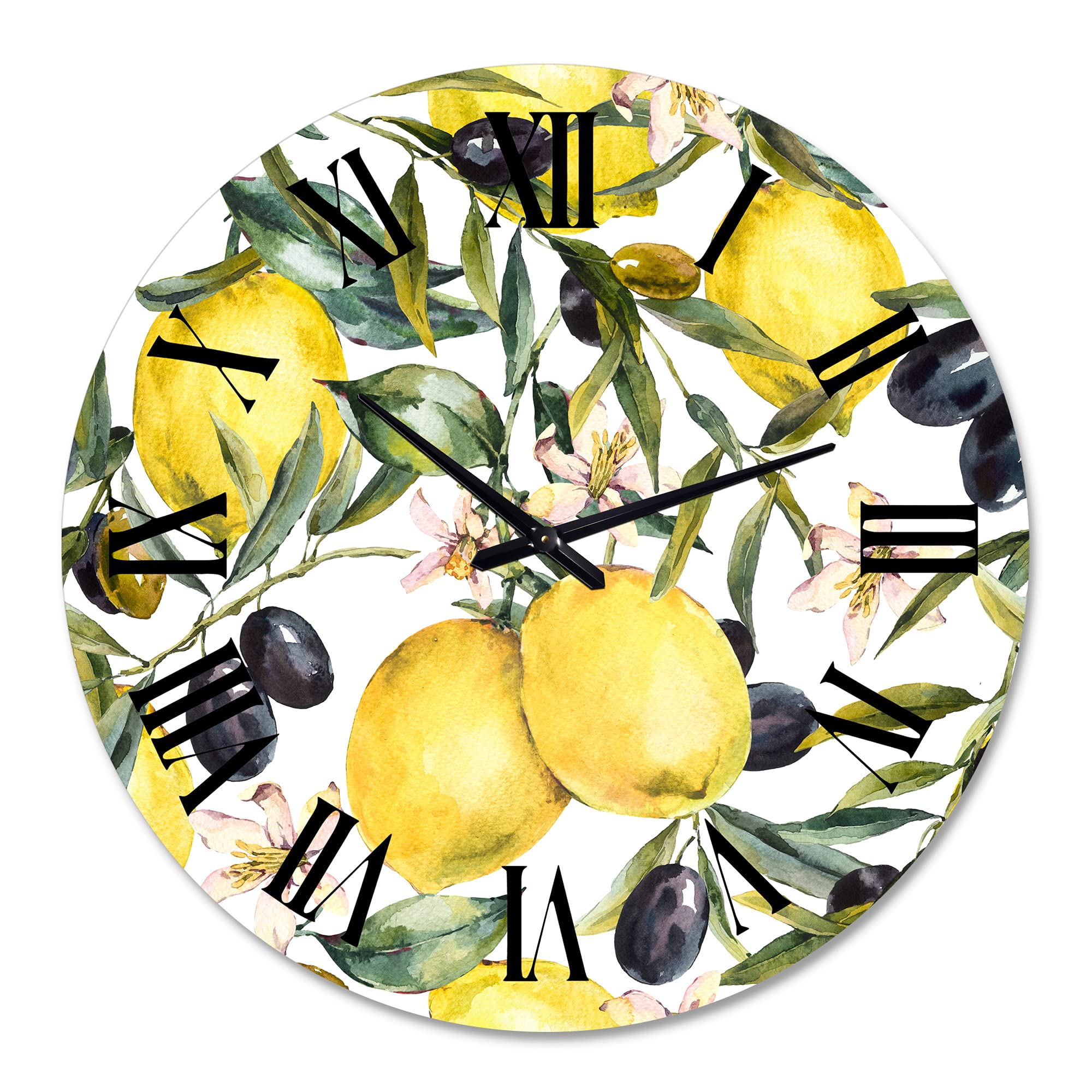 Tropical Wall Clock with Lemon and Olive Branches Design - Large Decorative Wall Clock for Kitchen, Dining Room, Office & Home Decor | Perfect for Farmhouse, Cafe, Restaurant Interior