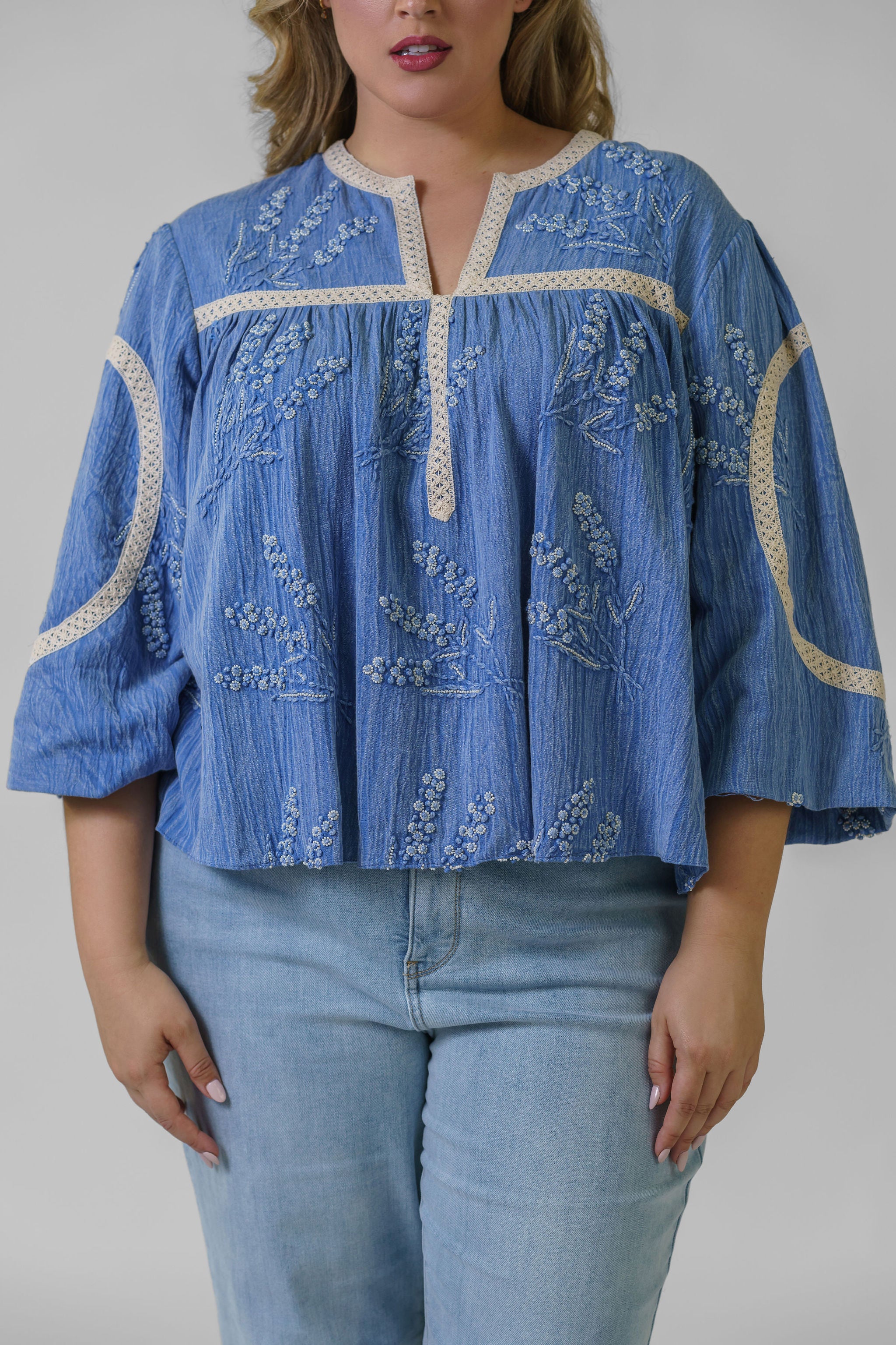 Stylish Blue Beaded Women's Blouse - Elegant Boho Chic Tunic Top for Casual Outings & Summer Parties