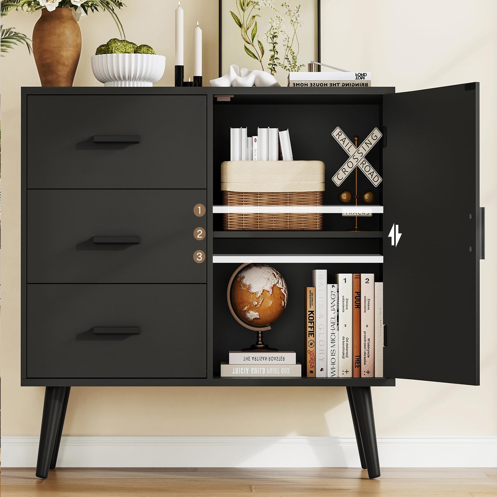 Iwell 3-Drawer Black Storage Cabinet with Adjustable Shelf - Sideboard Buffet Cabinet for Entryway, Living Room & Dining Room - Modern Organizer for Home Decor & Storage Solutions