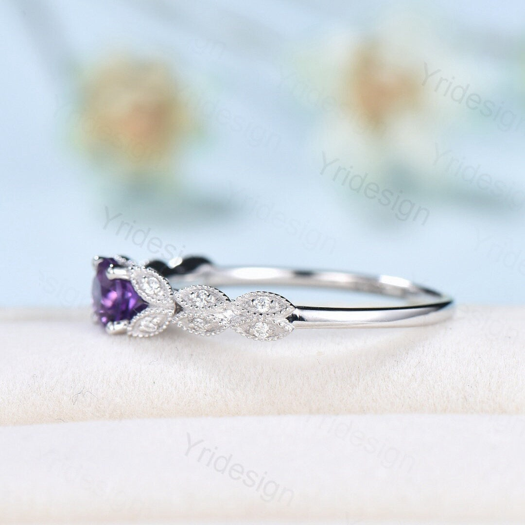 14K White Gold Amethyst Engagement Ring for Women - Dainty Art Deco Promise Ring with February Birthstone | Perfect for Bridal, Valentine's Day & Anniversary Gifts
