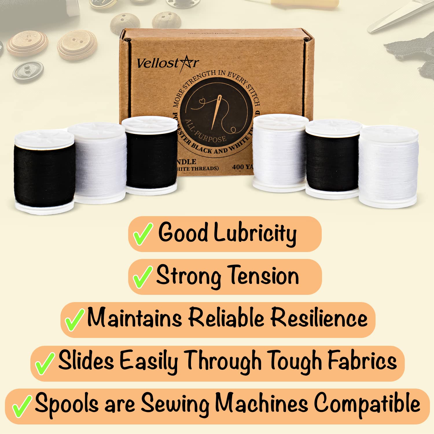 Vellostar Small Black Sewing Kit with Thread Set - Essential Sewing Supplies for Basic Repairs & Emergency Fixes | Perfect for Travel, Home, Office & DIY Projects