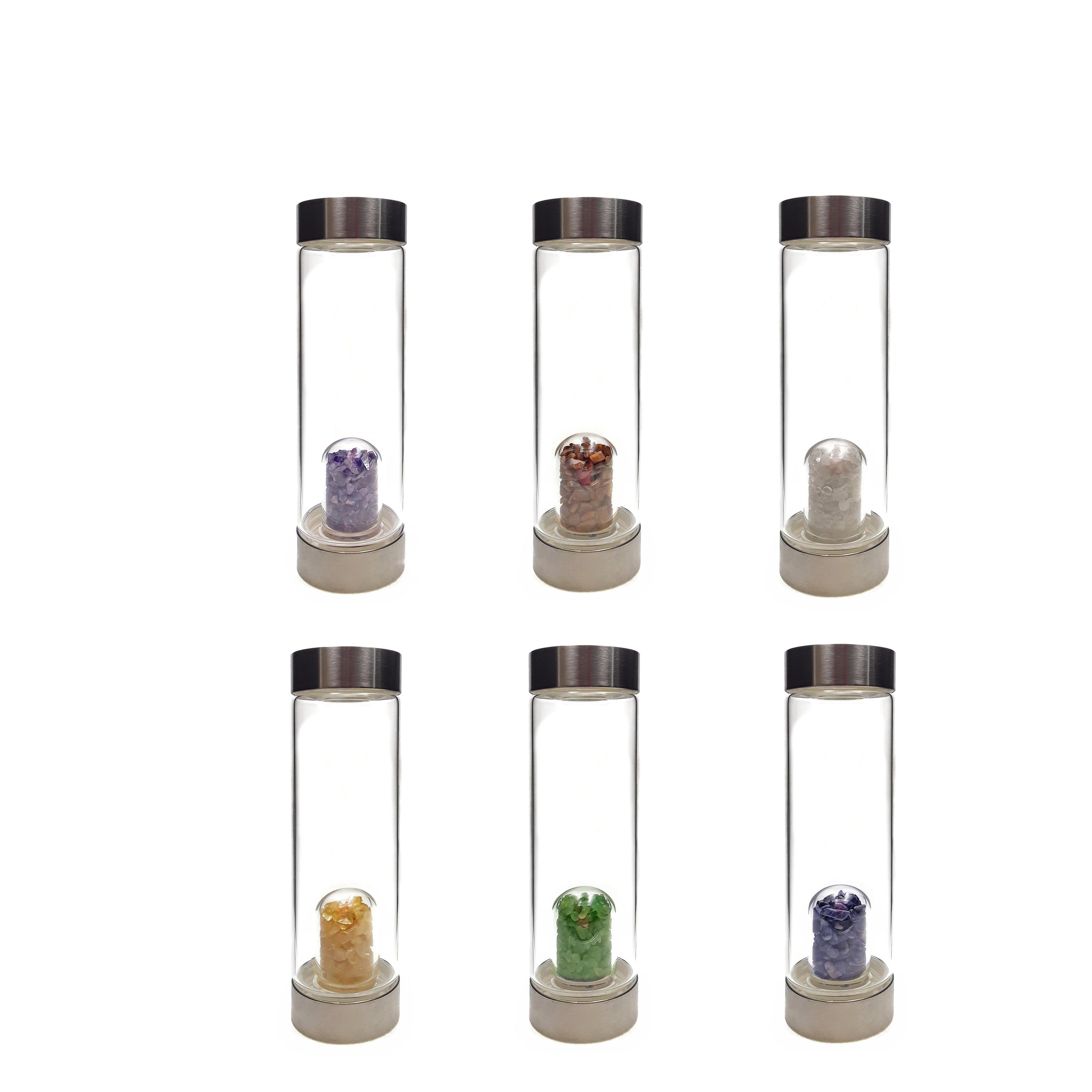 **Crystal Infused Healing Glass Water Bottle with Gemstone Chips - 9