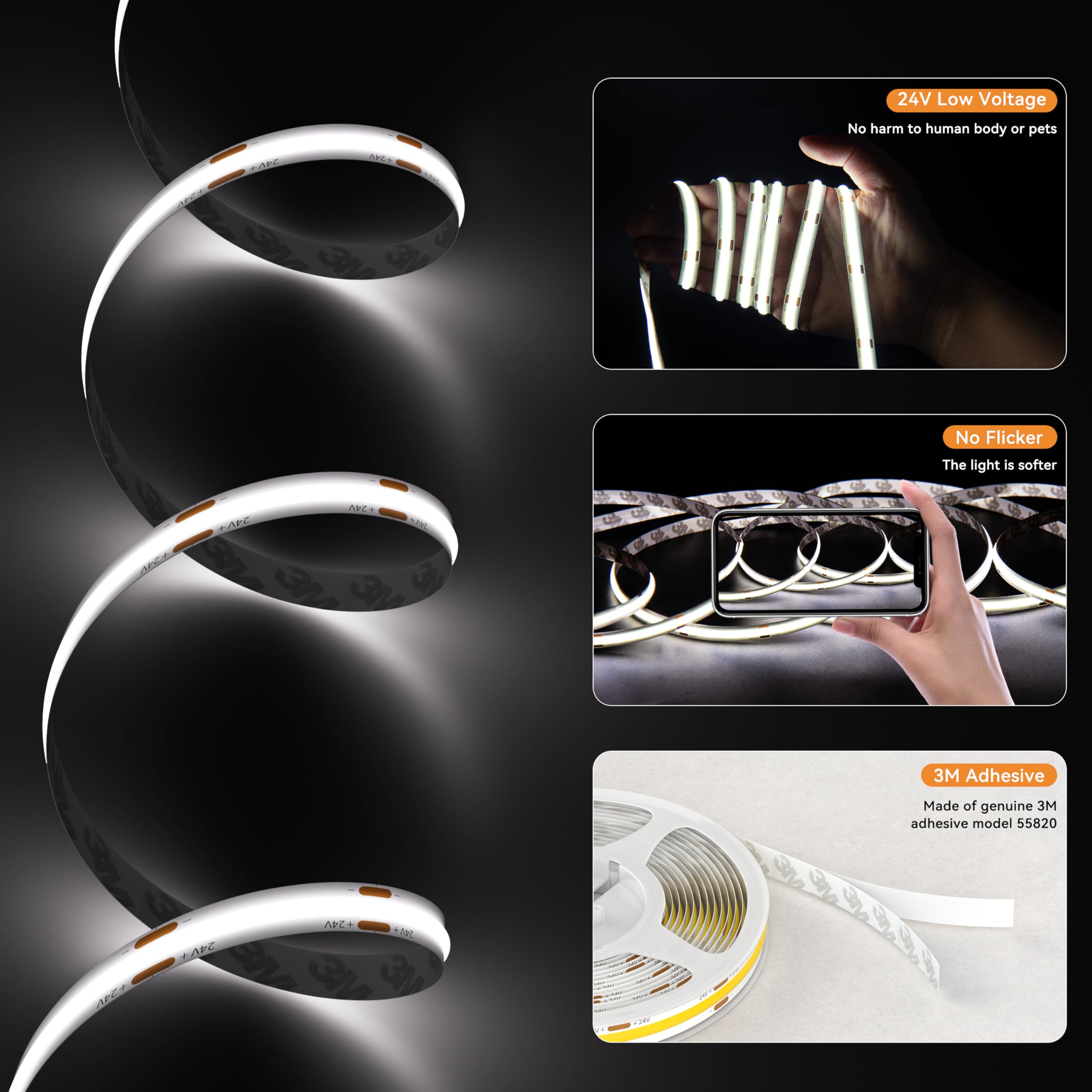 PAUTIX COB LED Strip Light 2520 LEDs - Ultra Bright 5200 Lumens 6500K Daylight White 16.4ft/5m Dimmable 24V LED Tape Light with 3M Adhesive & RF Remote (Timer Function) - 36W Power Supply - Perfect for Bedroom Lighting, Home Decoration, Kitchen Cabinet DIY Projects