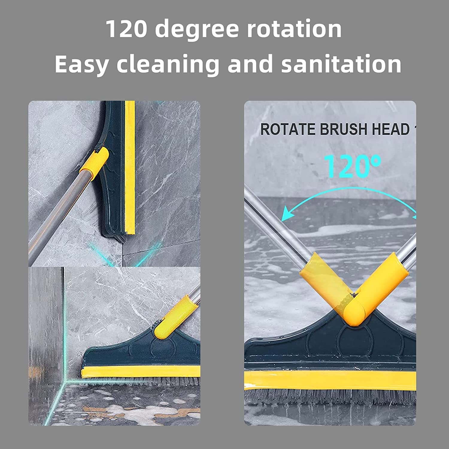 2 in 1 Floor Scrub Brush with Long Handle - Adjustable V-Shaped Cleaning Brush for Bathroom & Kitchen - 120° Rotating Removable Head & Squeegee - Perfect for Tile Floors, Grout Cleaning & Hard-to-Reach Corners