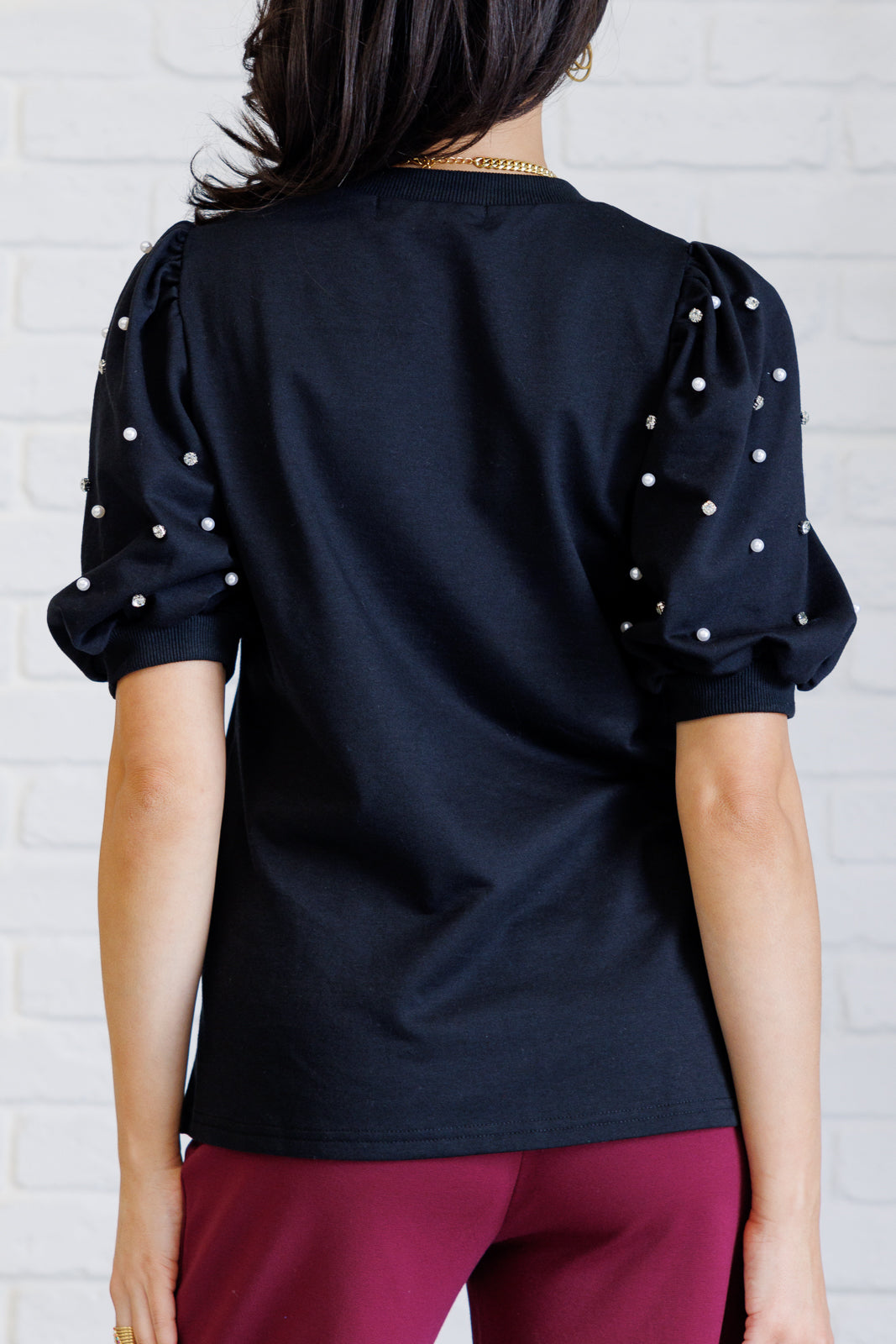 Black Diamonds and Pearls Puff Sleeve Blouse - Elegant Women's Fashion Top for Parties, Dates & Special Occasions