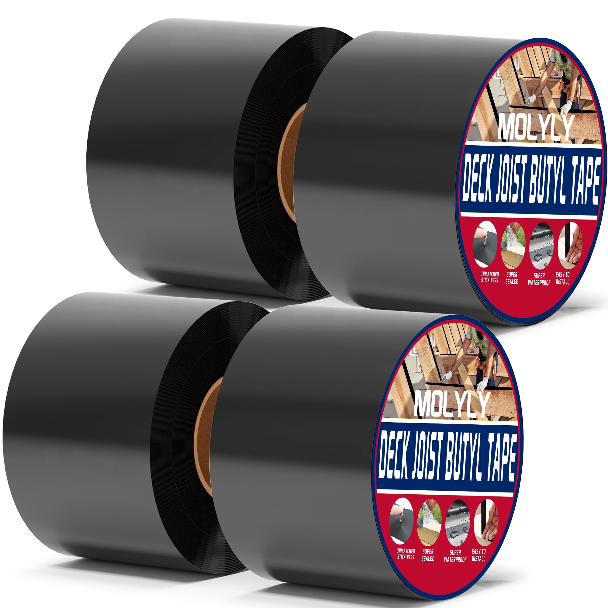 4 Pack Joist Tape for Decking - 4'' x 50' Waterproof Butyl Sealant Tape | Weatherproof Flashing Tape for Roof, Deck & Joist Protection | Ideal for Outdoor Construction, Wood Framing & Waterproofing Projects