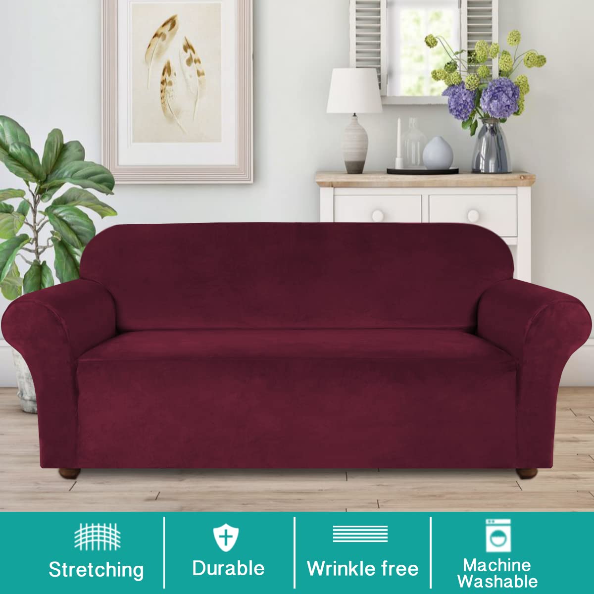 Luxury Turquoise Velvet Stretch Sofa Cover for 3-Cushion Couches - Oversized Non-Slip Elastic Slipcover with Soft Fabric (XL, Burgundy) | Perfect for Living Room, Home Theater & Guest Room Decor