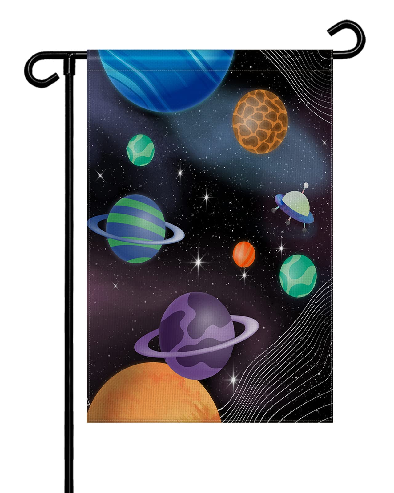 Double Sided Burlap Garden Flag - Colorful Cartoon Cosmic Planet Design with White Stripes, 12