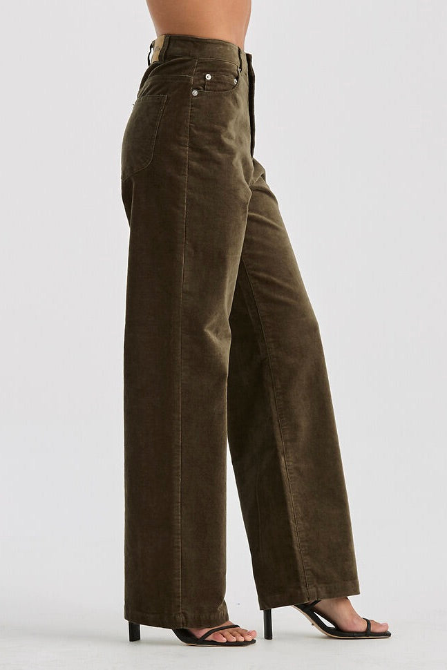 Hi Wide Deep Olive Cord Pants for Women - Comfortable Stretch Corduroy Trousers for Casual Wear & Fall Fashion