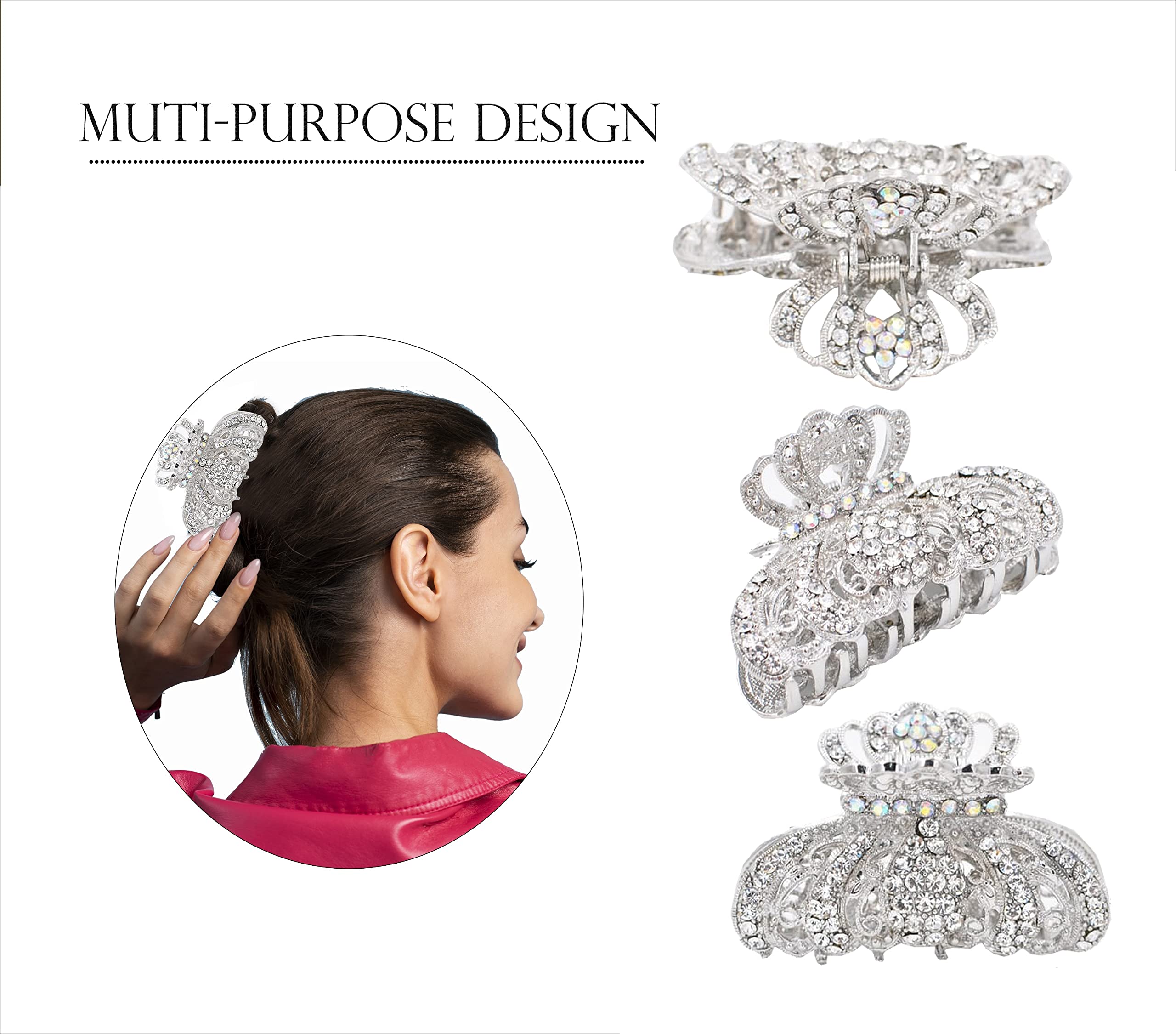 Antique Silver Plated Crystal Rhinestone Hair Clips for Women - Large Non-Slip Hair Claw Clips for Thin & Thick Hair - Elegant Hair Accessories for Parties, Weddings & Everyday Styling