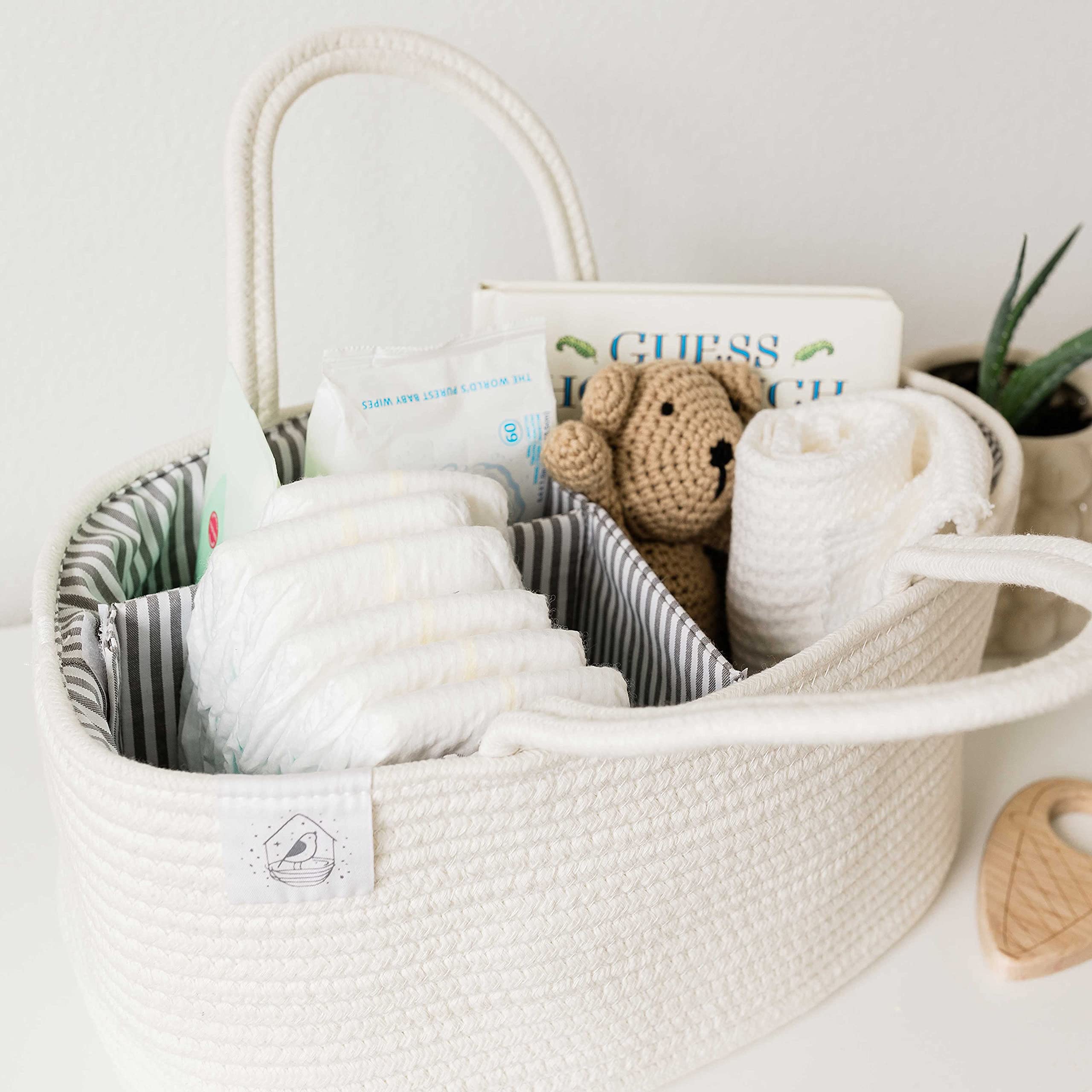 OrganiHaus Rope Diaper Caddy Basket - Baby Changing Organizer with Dividers & Handles, Nursery Storage Basket for Newborn Essentials | Perfect Baby Shower Gift & Changing Table Organizer (White) - Ideal for Diaper Storage, Baby Wipes, Lotions & Nursery Organization