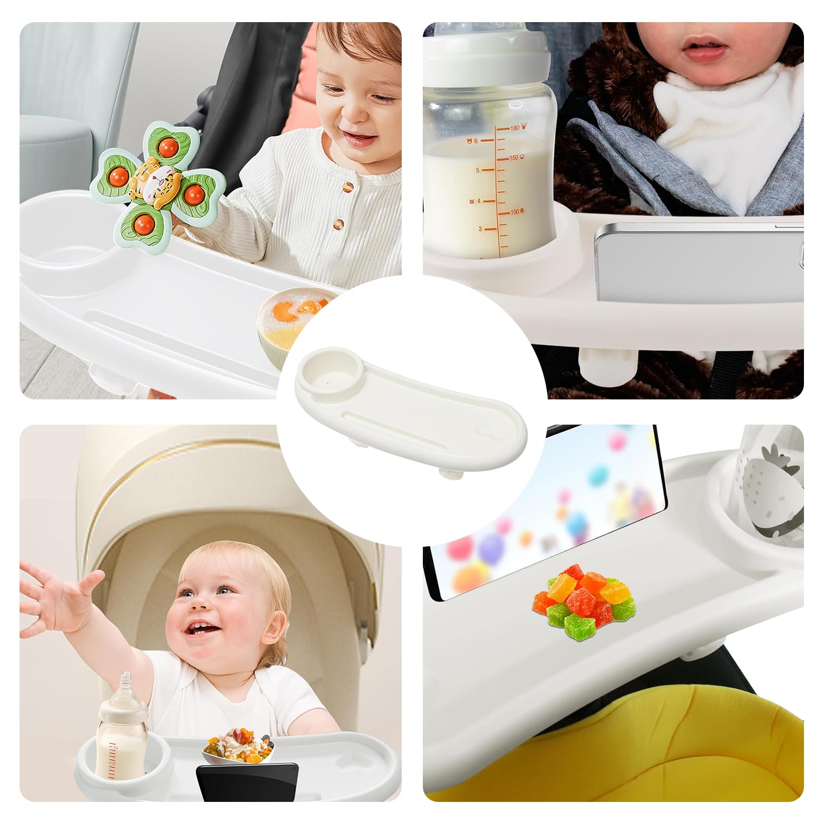 Universal 3-in-1 Stroller Cup Holder with Snack Tray & Phone Pocket - Removable Travel Accessory for Baby Bottles, Snacks & Phones - Perfect for Strollers, Shopping Carts & Outdoor Adventures (White)